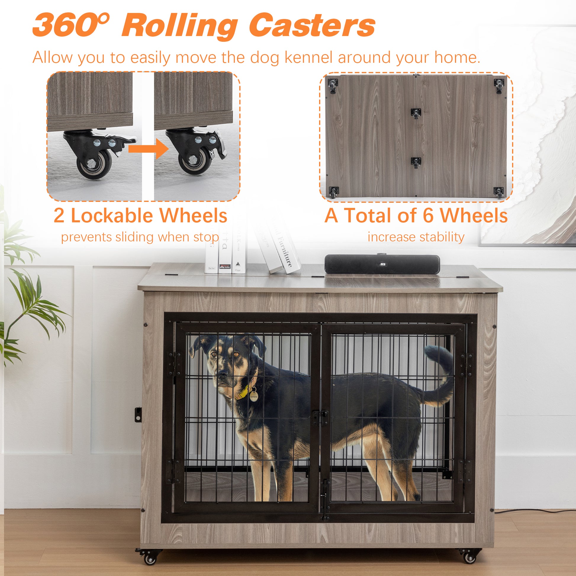 Dog Crate Furniture, Large Dog Kennel, 43"Wooden Pet Furniture With Pull Out Tray, Home And Indoor Use, Double Door Modern Side End Table For Medium Large Small Dog Grey Mdf Steel