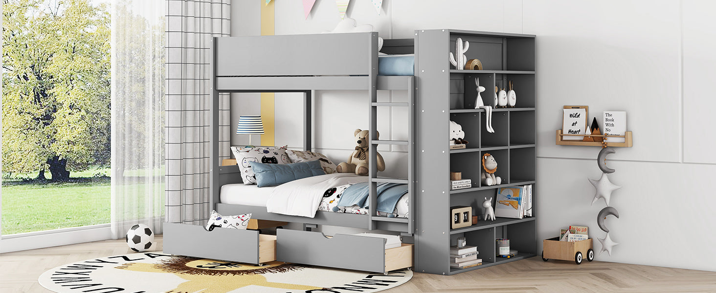 Twin Over Twin Bunk Bed With 2 Drawers And Multi Layer Cabinet, Gray Gray Solid Wood Mdf