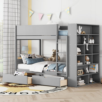 Twin Over Twin Bunk Bed With 2 Drawers And Multi Layer Cabinet, Gray Gray Solid Wood Mdf