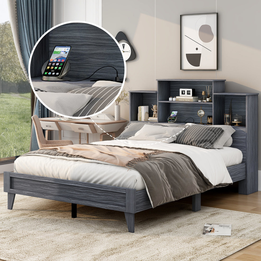Queen Size Storage Platform Bed Frame With 4 Open Storage Shelves And Usb Charging Design,Gray Gray Solid Wood Mdf