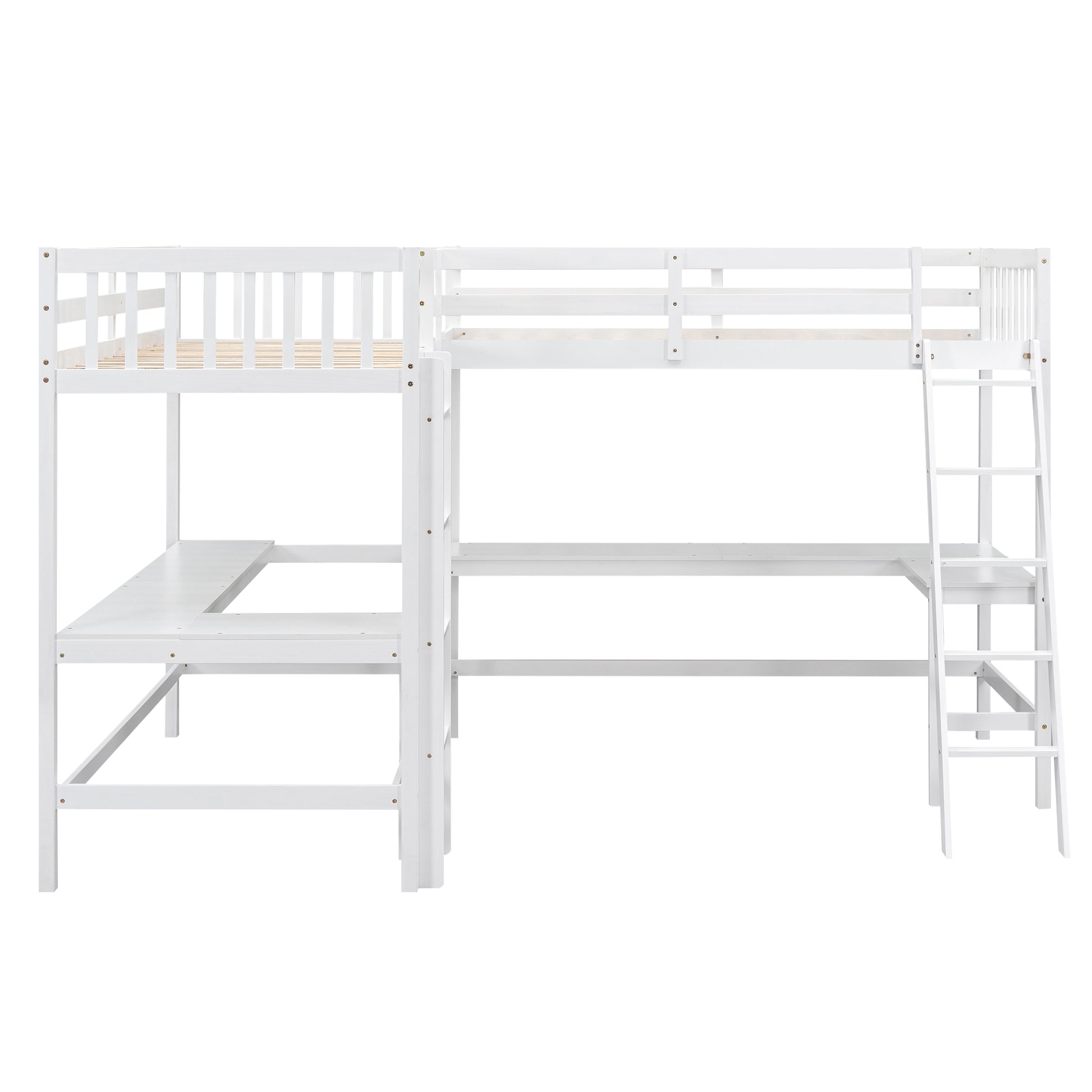 Wood Twin Size L Shaped Loft Bed With Ladder And 2 Built In L Shaped Desks, White Box Spring Not Required Twin White Wood Bedroom Solid Wood Mdf