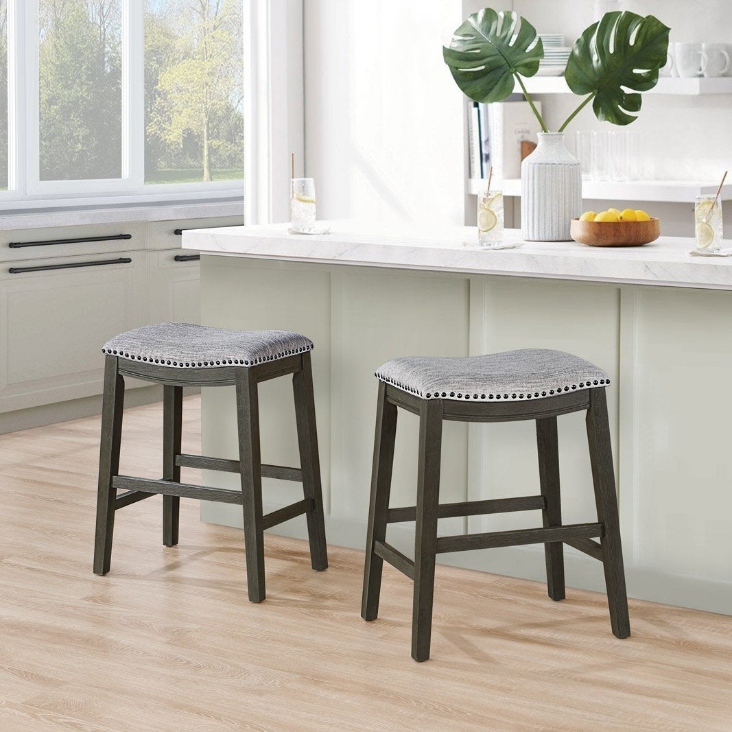 Saddle Stool 25" Counter Stool, Gray Light Gray Fabric, Set Of 2 Gray Wood