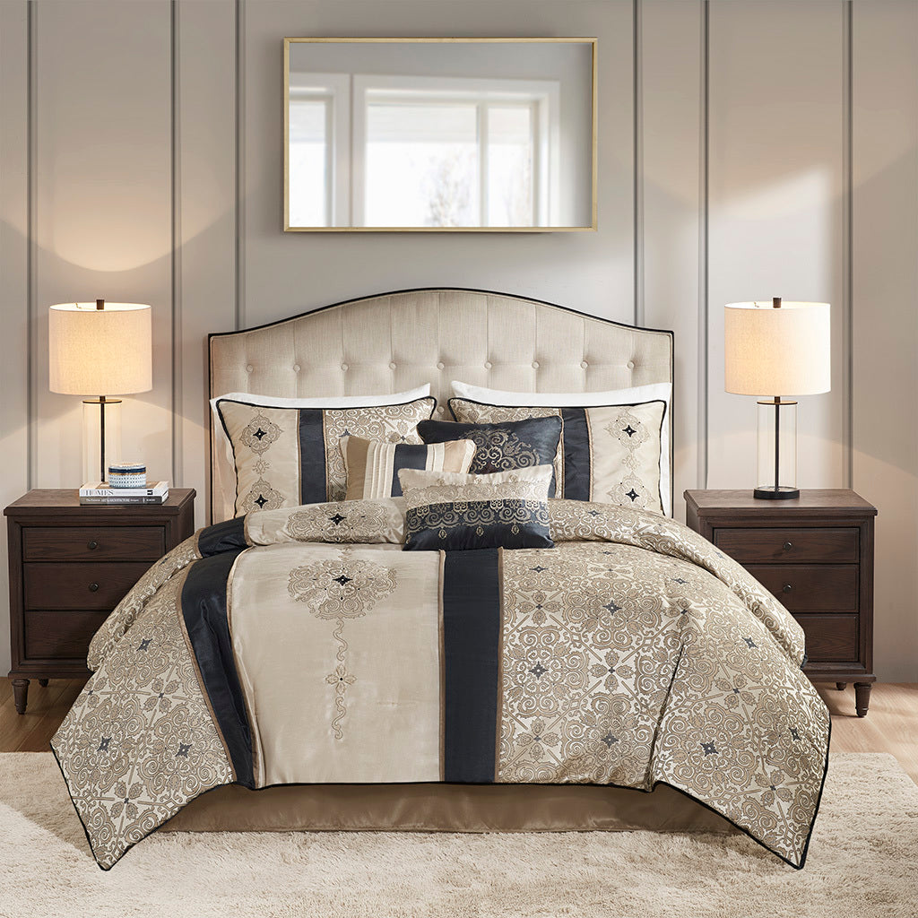 7 Piece Jacquard Comforter Set with Throw Pillows black-polyester