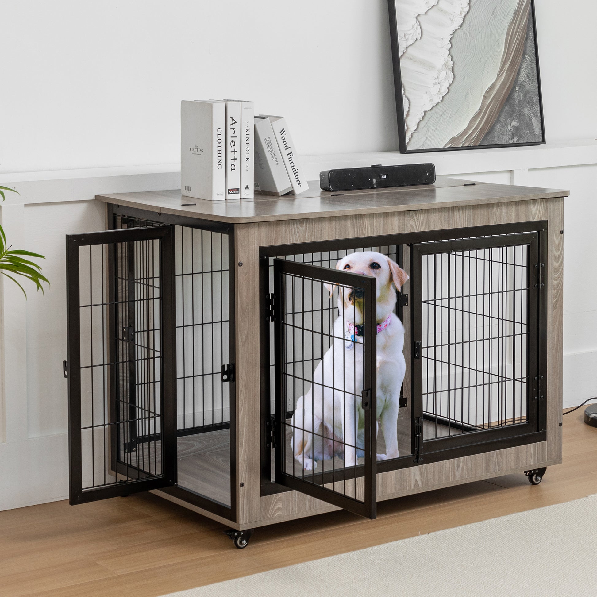 Dog Crate Furniture, Large Dog Kennel, 38"Wooden Pet Furniture With Pull Out Tray, Home And Indoor Use, Double Door Modern Side End Table For Medium Large Small Dog Grey Mdf Steel