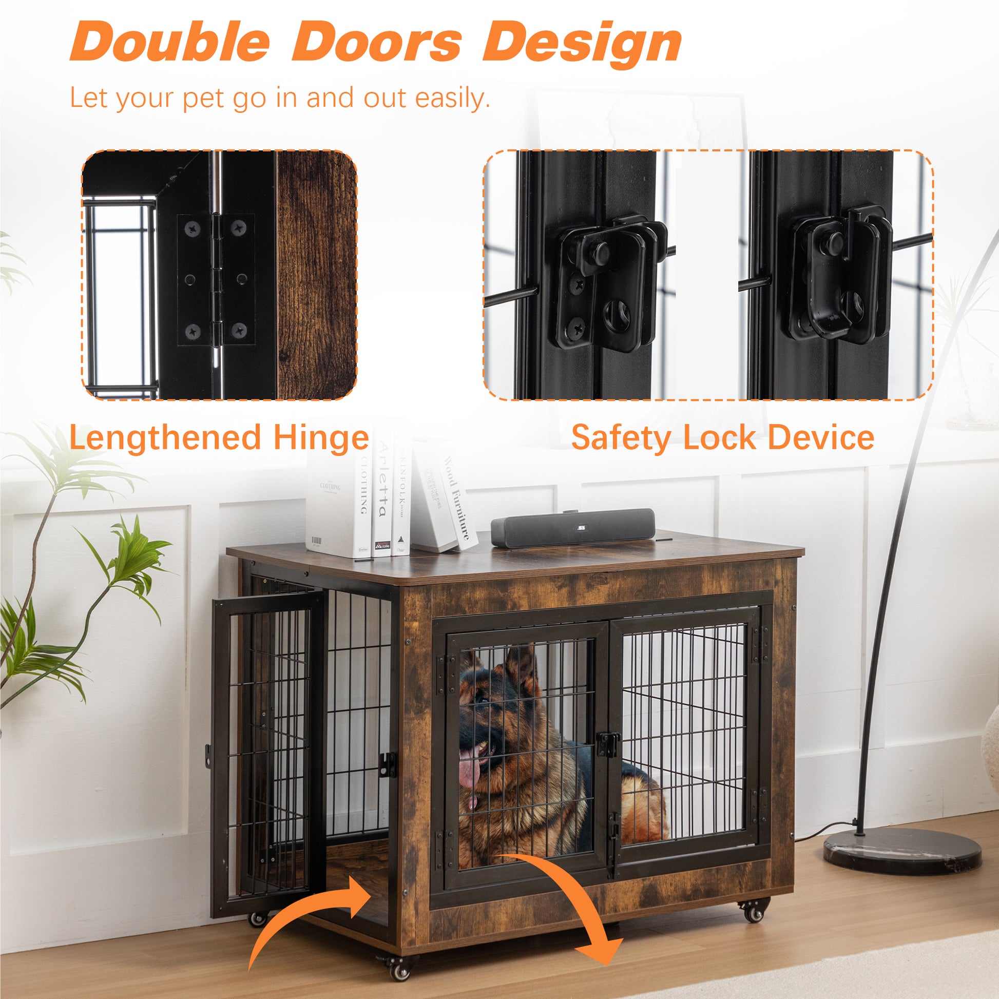 Dog Crate Furniture, Large Dog Kennel, 43"Wooden Pet Furniture With Pull Out Tray, Home And Indoor Use, Double Door Modern Side End Table For Medium Large Small Dog Brown Mdf Steel