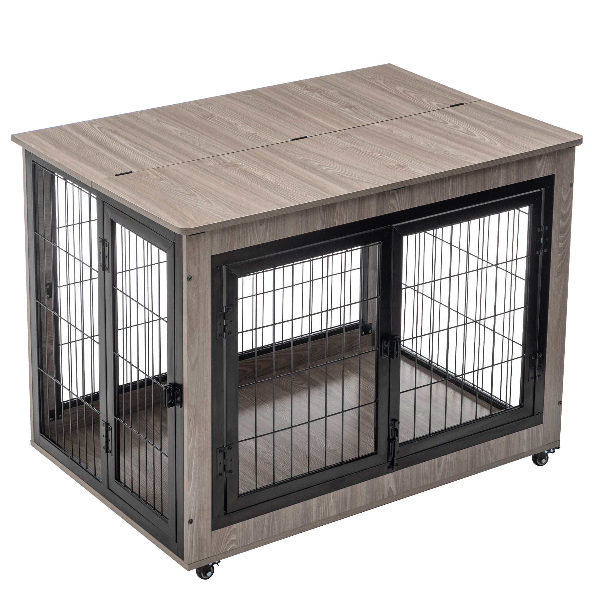 Dog Crate Furniture, Large Dog Kennel, 43"Wooden Pet Furniture With Pull Out Tray, Home And Indoor Use, Double Door Modern Side End Table For Medium Large Small Dog Grey Mdf Steel