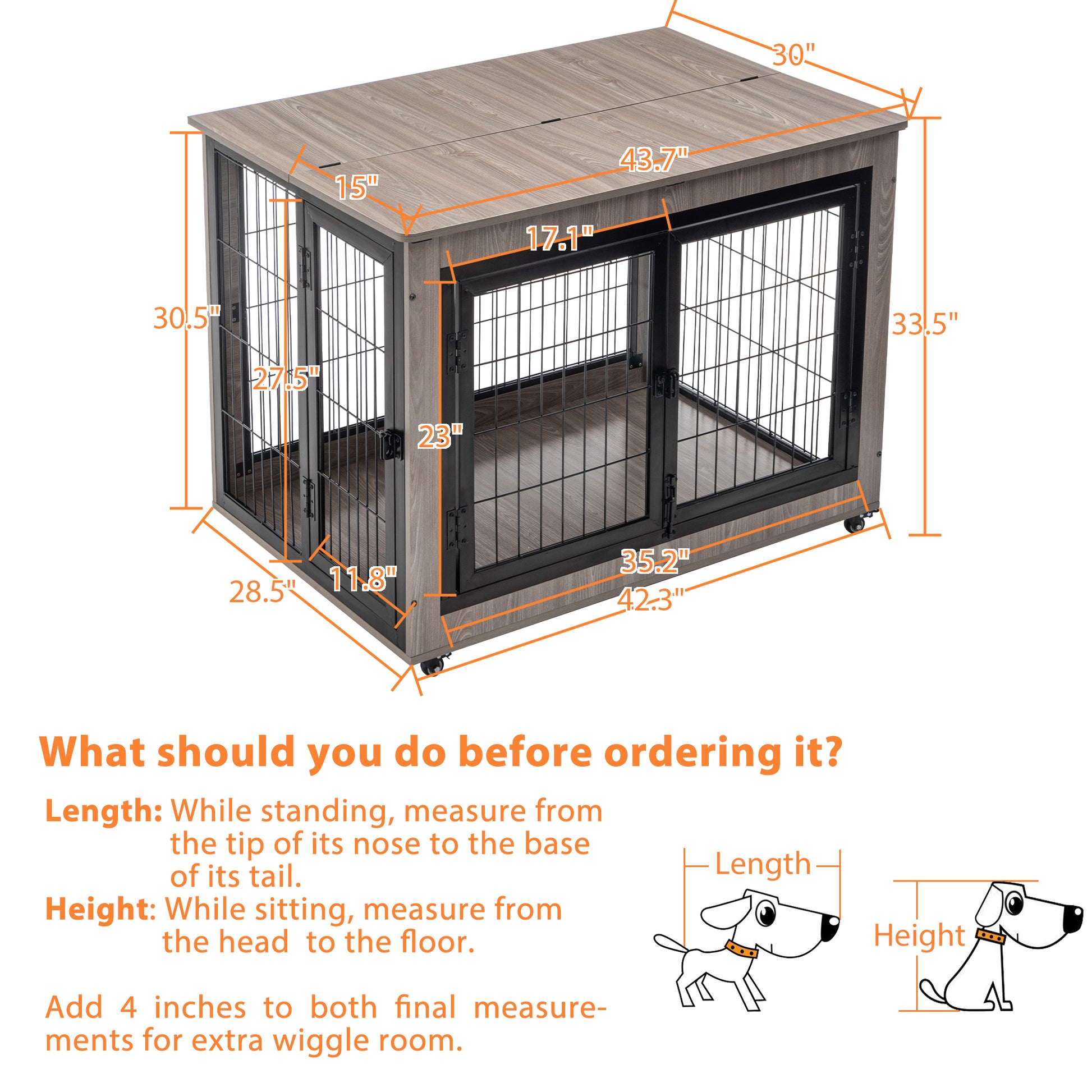 Dog Crate Furniture, Large Dog Kennel, 43"Wooden Pet Furniture With Pull Out Tray, Home And Indoor Use, Double Door Modern Side End Table For Medium Large Small Dog Grey Mdf Steel