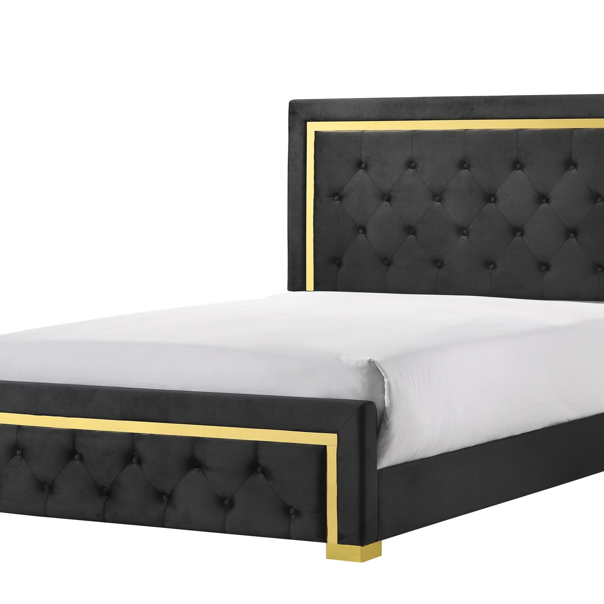 Contemporary Glam King Black Fabric Upholstered Panel 1Pc Queen Bed Black Fabric Gold Legs Bedroom Furniture Black Wood Fabric