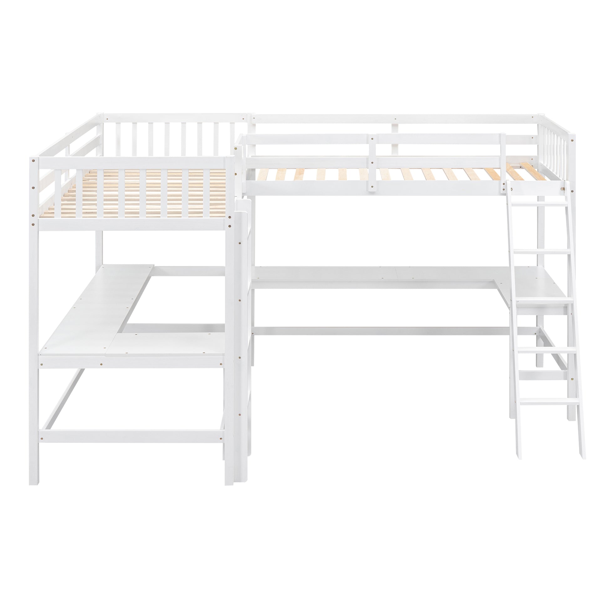 Wood Twin Size L Shaped Loft Bed With Ladder And 2 Built In L Shaped Desks, White Box Spring Not Required Twin White Wood Bedroom Solid Wood Mdf