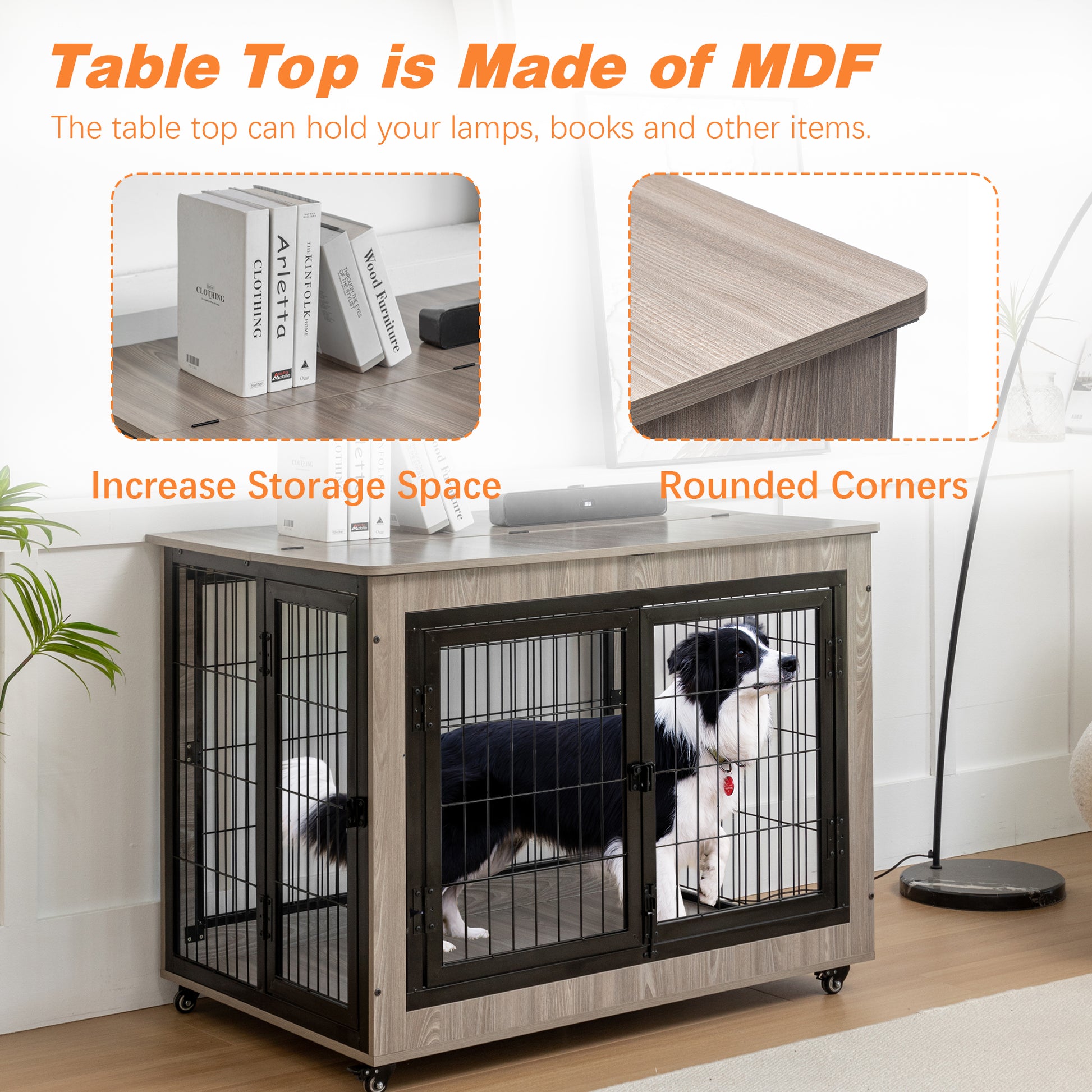 Dog Crate Furniture, Large Dog Kennel, 38"Wooden Pet Furniture With Pull Out Tray, Home And Indoor Use, Double Door Modern Side End Table For Medium Large Small Dog Grey Mdf Steel