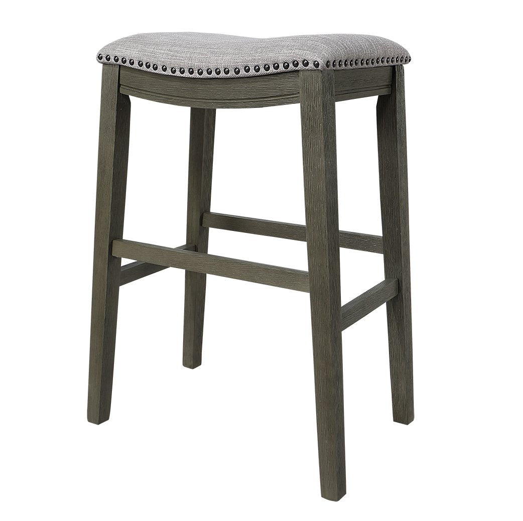 Saddle Stool, 29" Barstool Gray Light Gray Fabric, Set Of 2 Gray Wood