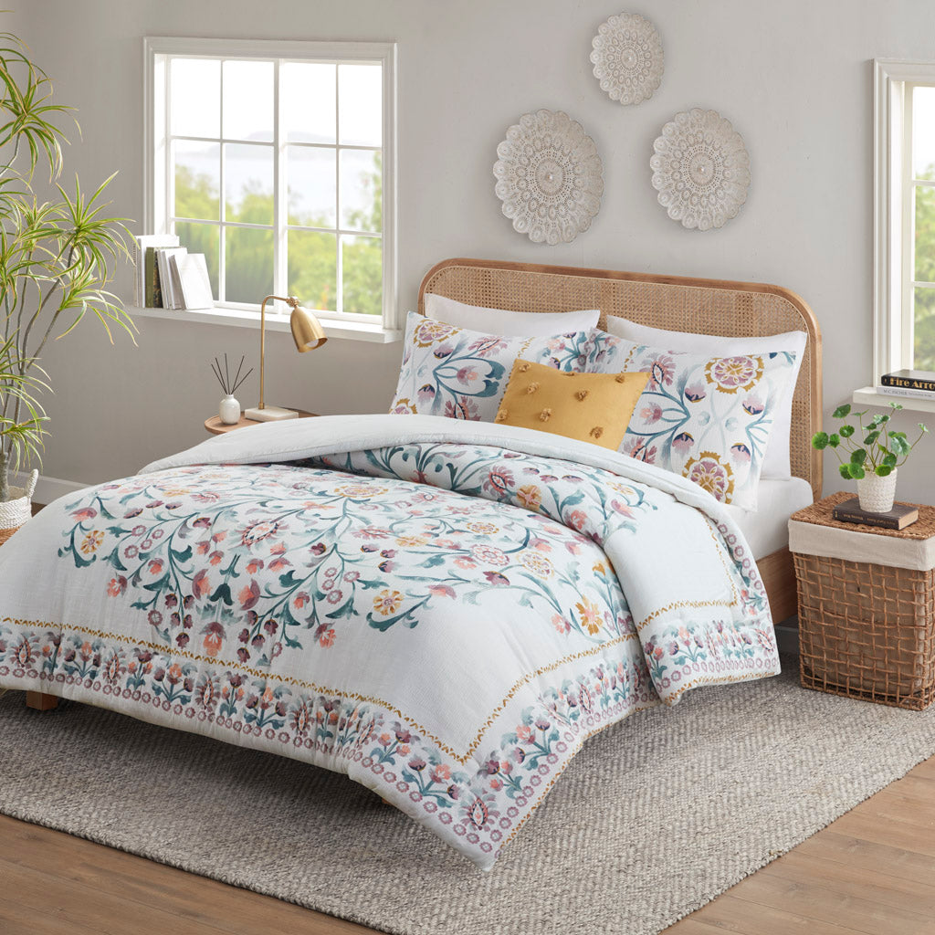 4 Piece Floral Comforter Set With Throw Pillow Multi Cotton