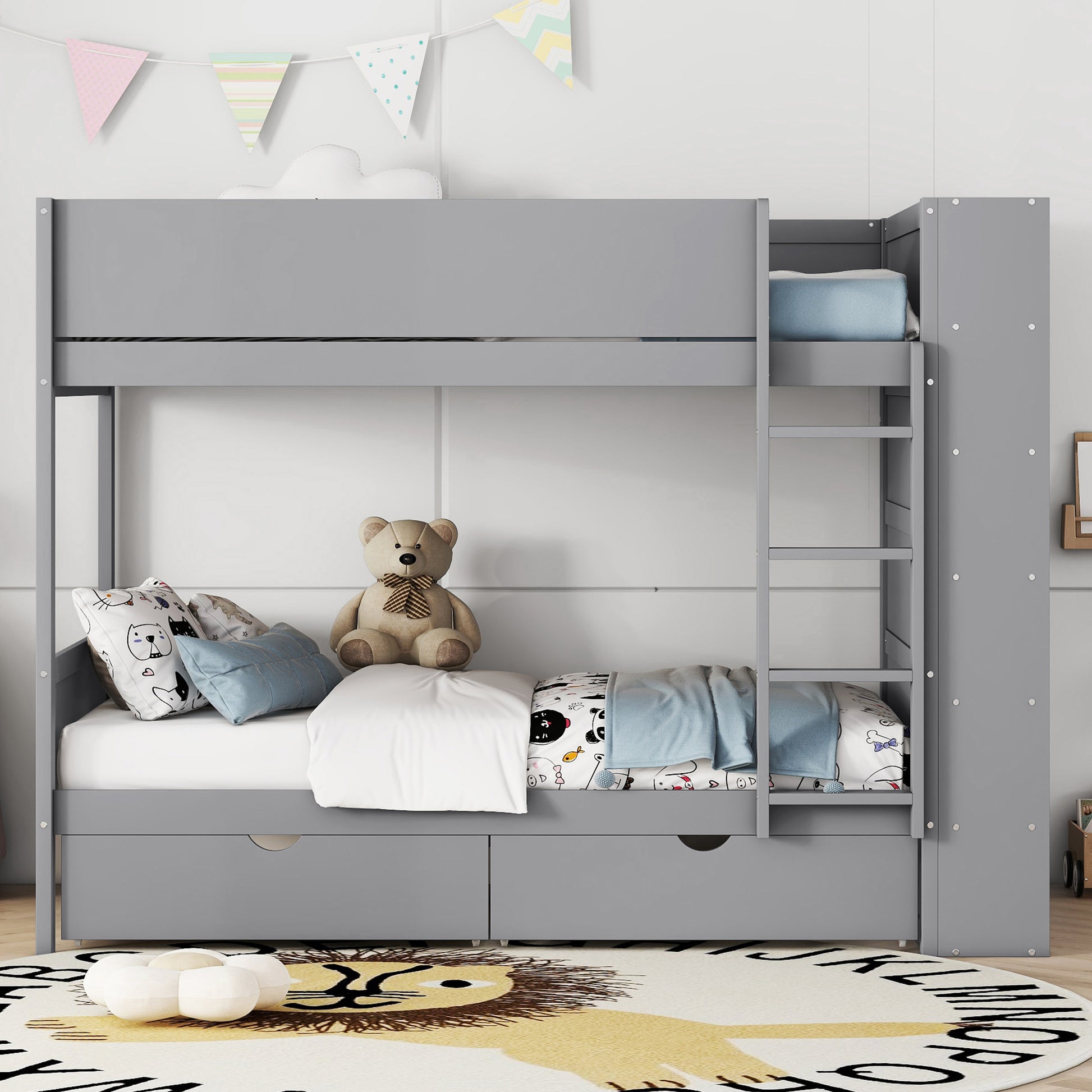 Twin Over Twin Bunk Bed With 2 Drawers And Multi Layer Cabinet, Gray Gray Solid Wood Mdf