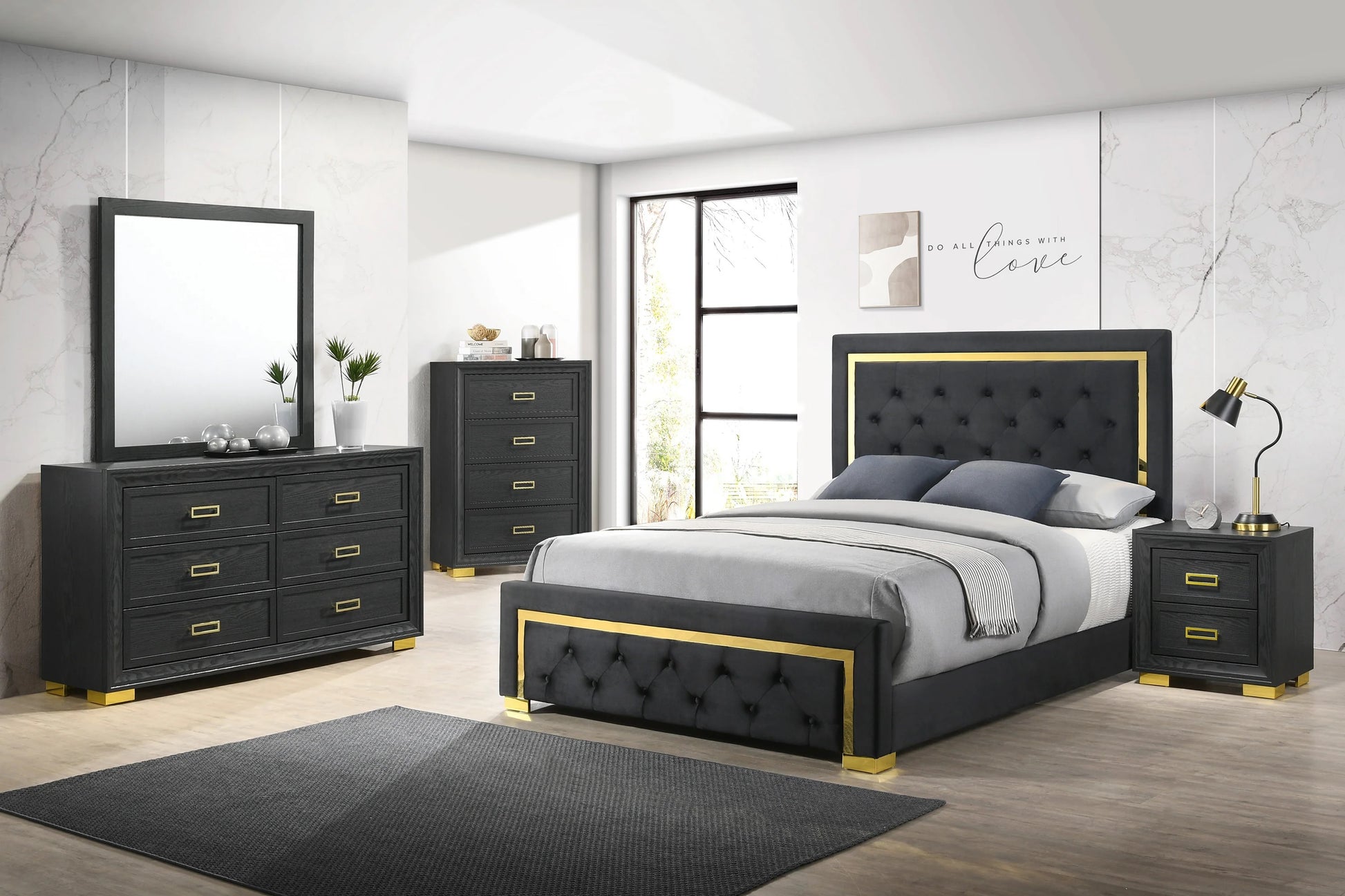 Glamorous 1Pc Modern Glam Style 4 Drawer Chest Dark Gray Gold Finish Gold Colored Hardware Bedroom Furniture Dark Gray Bedroom Modern Wood