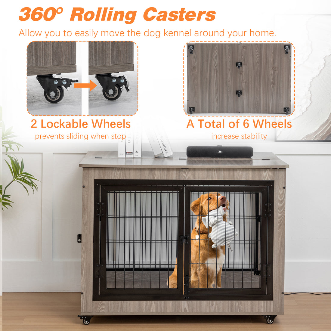 Dog Crate Furniture, Large Dog Kennel, 38"Wooden Pet Furniture With Pull Out Tray, Home And Indoor Use, Double Door Modern Side End Table For Medium Large Small Dog Grey Mdf Steel