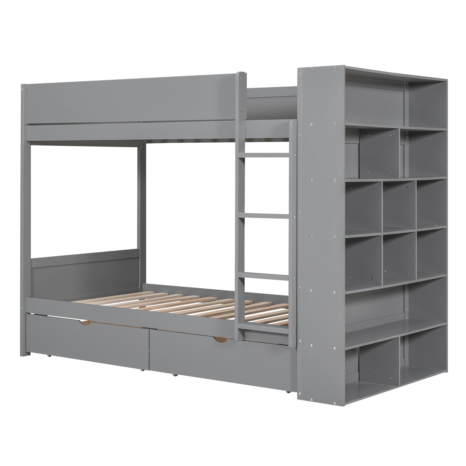 Twin Over Twin Bunk Bed With 2 Drawers And Multi Layer Cabinet, Gray Gray Solid Wood Mdf