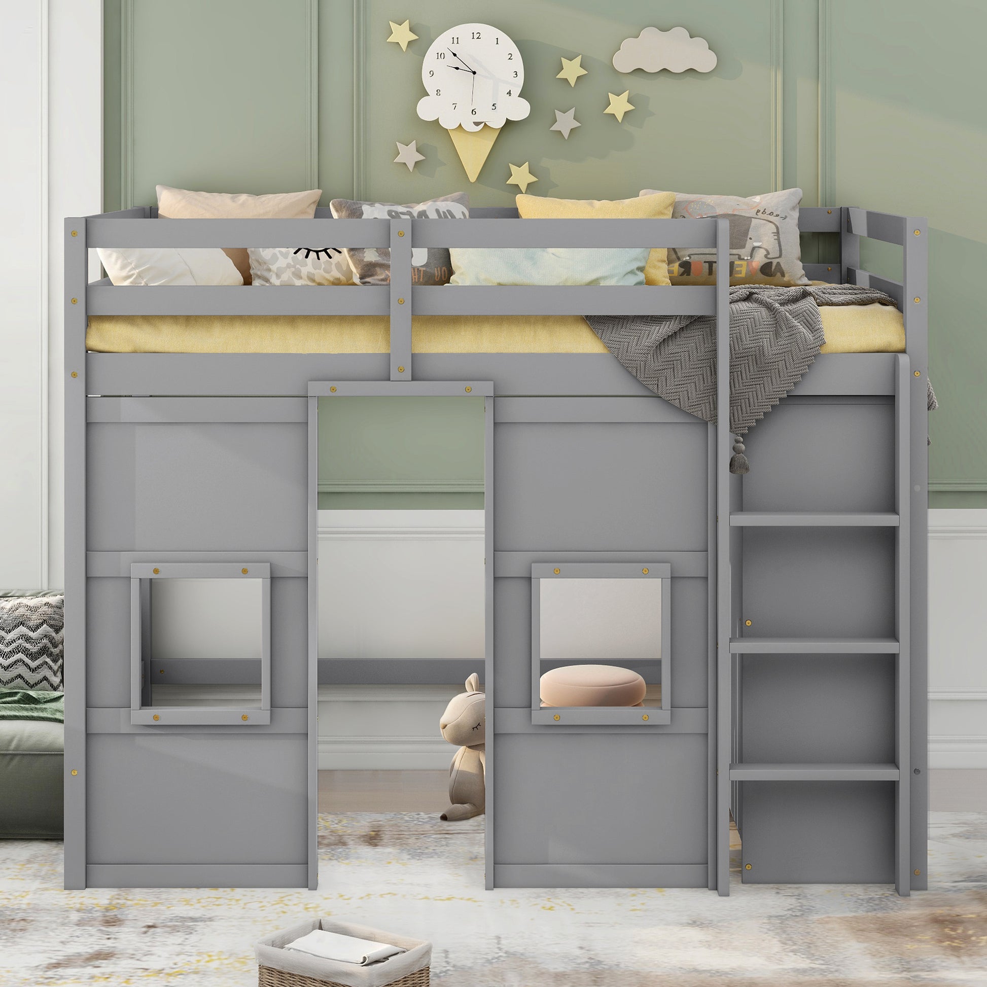 Wood Twin Size Loft Bed With Built In Storage Wardrobe And 2 Windows, Gray Box Spring Not Required Twin Gray Wood Bedroom Wood