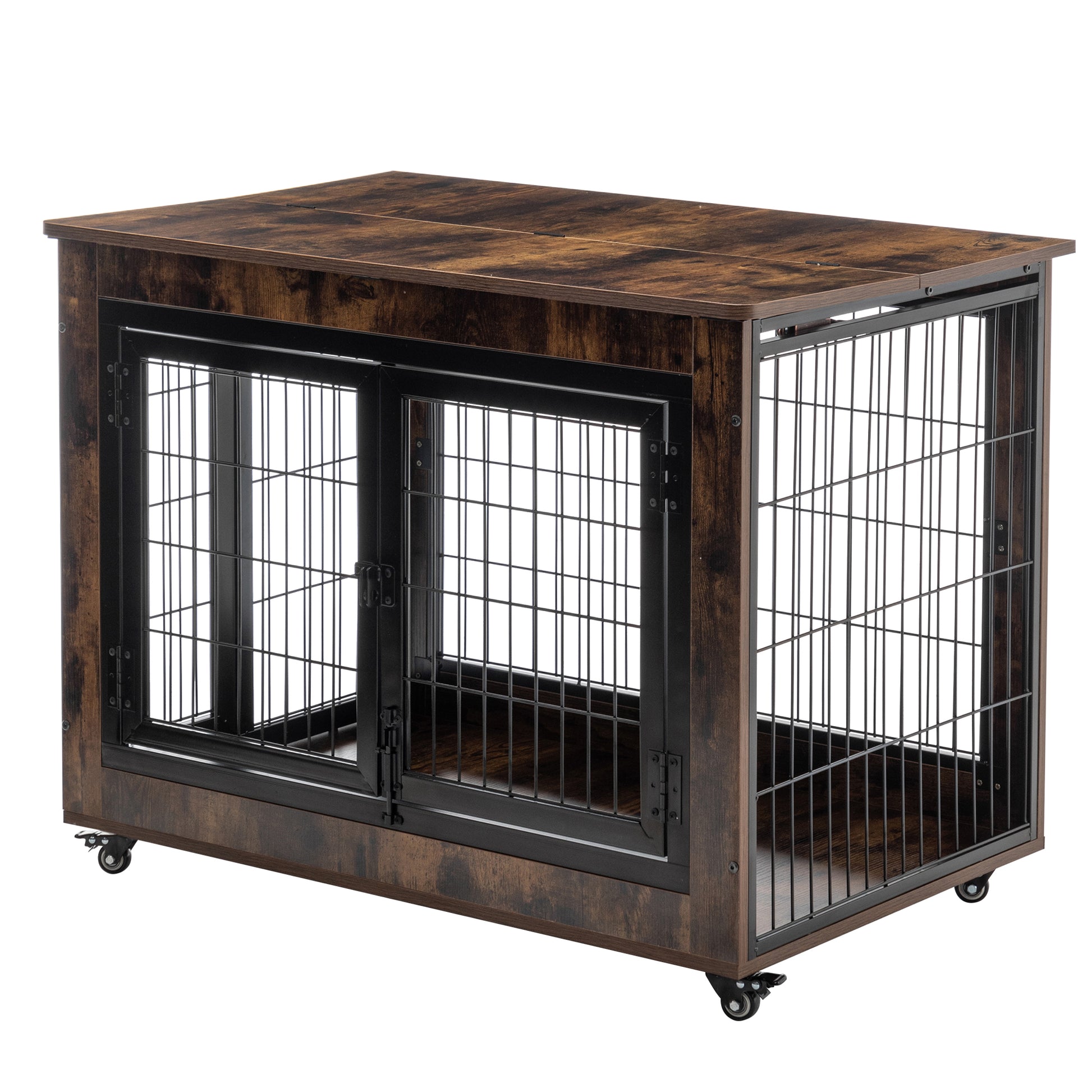 Dog Crate Furniture, Large Dog Kennel, 43"Wooden Pet Furniture With Pull Out Tray, Home And Indoor Use, Double Door Modern Side End Table For Medium Large Small Dog Brown Mdf Steel