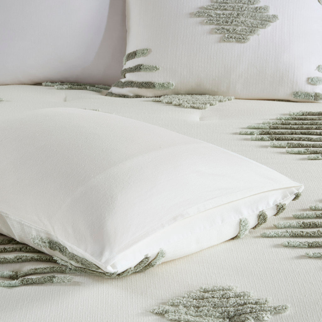 3 Piece Cotton Blend Chenille Comforter Set Green Ivory Cotton