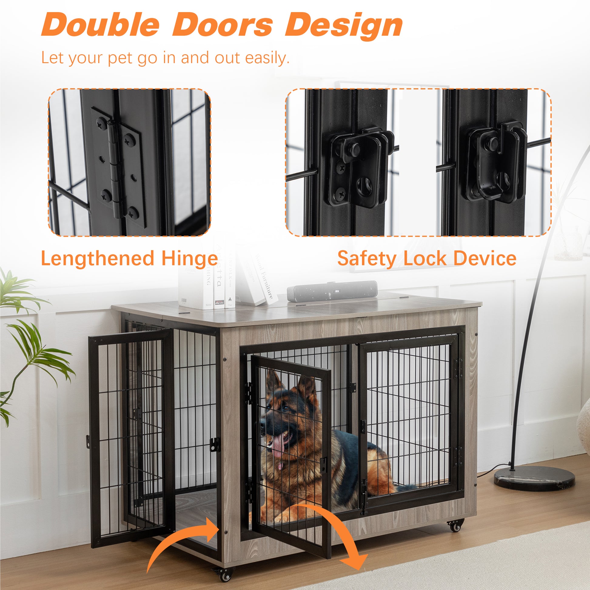 Dog Crate Furniture, Large Dog Kennel, 43"Wooden Pet Furniture With Pull Out Tray, Home And Indoor Use, Double Door Modern Side End Table For Medium Large Small Dog Grey Mdf Steel