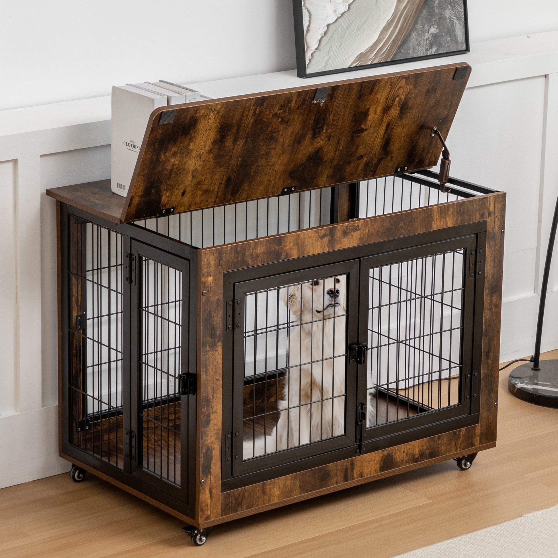 Dog Crate Furniture, Large Dog Kennel, 38"Wooden Pet Furniture With Pull Out Tray, Home And Indoor Use, Double Door Modern Side End Table For Medium Large Small Dog Brown Mdf Steel