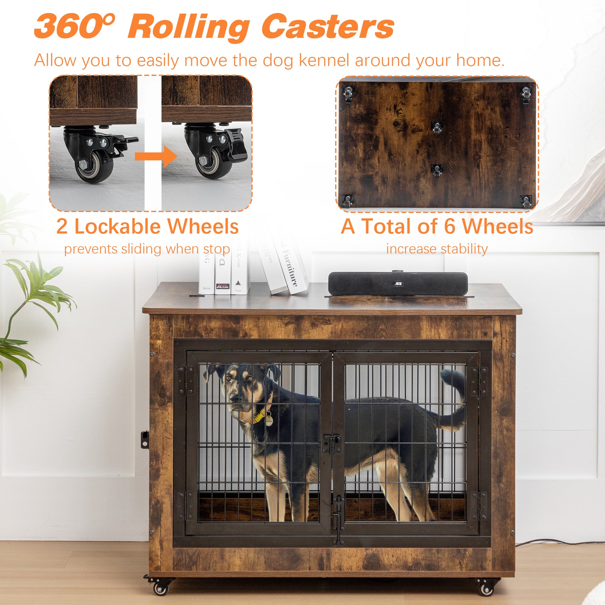 Dog Crate Furniture, Large Dog Kennel, 43"Wooden Pet Furniture With Pull Out Tray, Home And Indoor Use, Double Door Modern Side End Table For Medium Large Small Dog Brown Mdf Steel