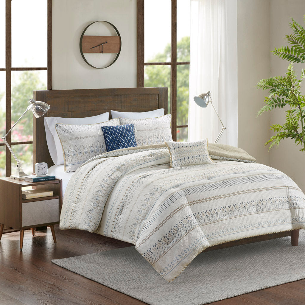 5 Piece Printed Seersucker Comforter Set With Throw Pillows Taupe Blue Polyester