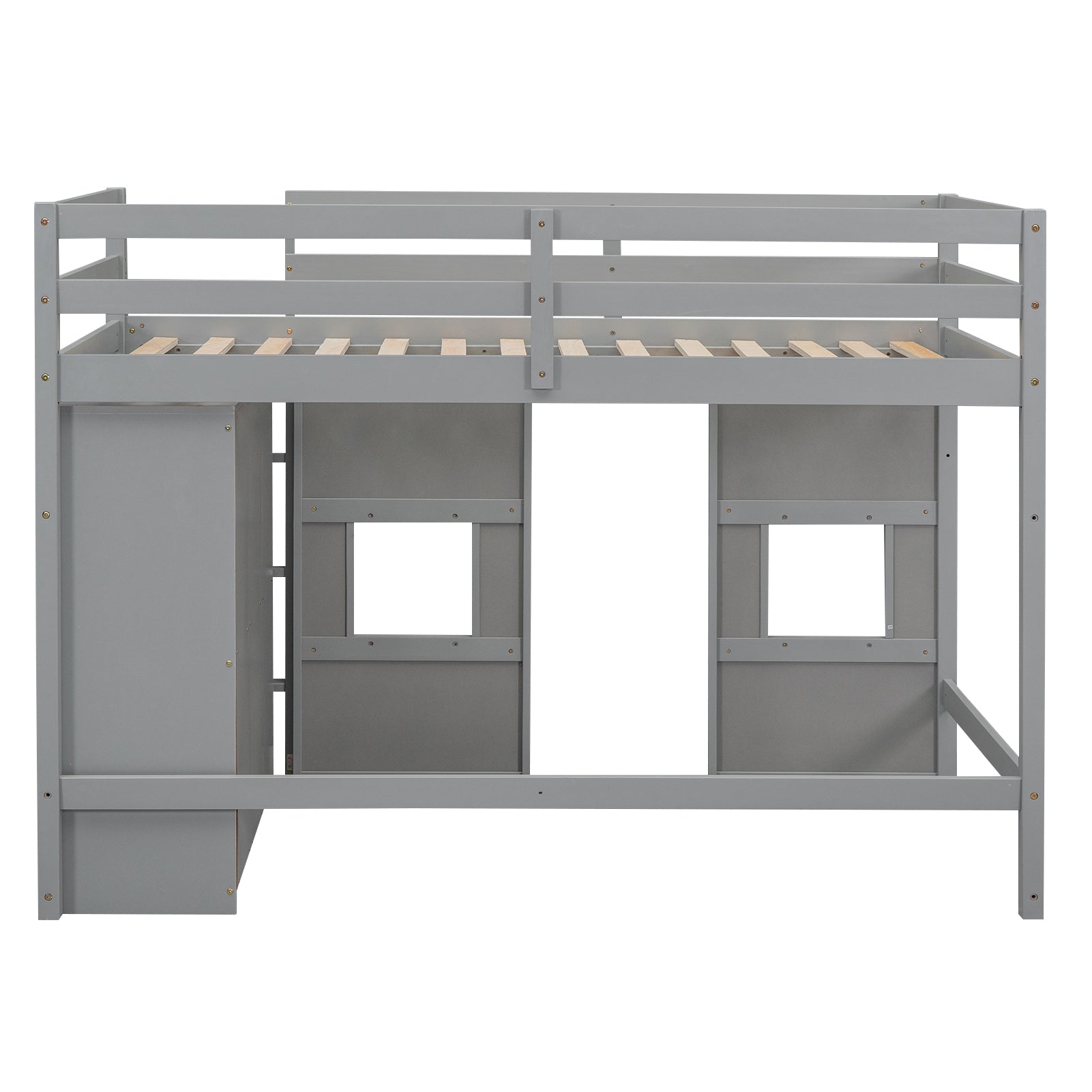 Wood Twin Size Loft Bed With Built In Storage Wardrobe And 2 Windows, Gray Box Spring Not Required Twin Gray Wood Bedroom Wood