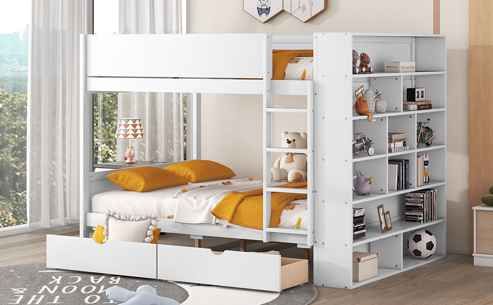 Full Over Full Bunk Bed With 2 Drawers And Multi Layer Cabinet, White White Solid Wood Mdf