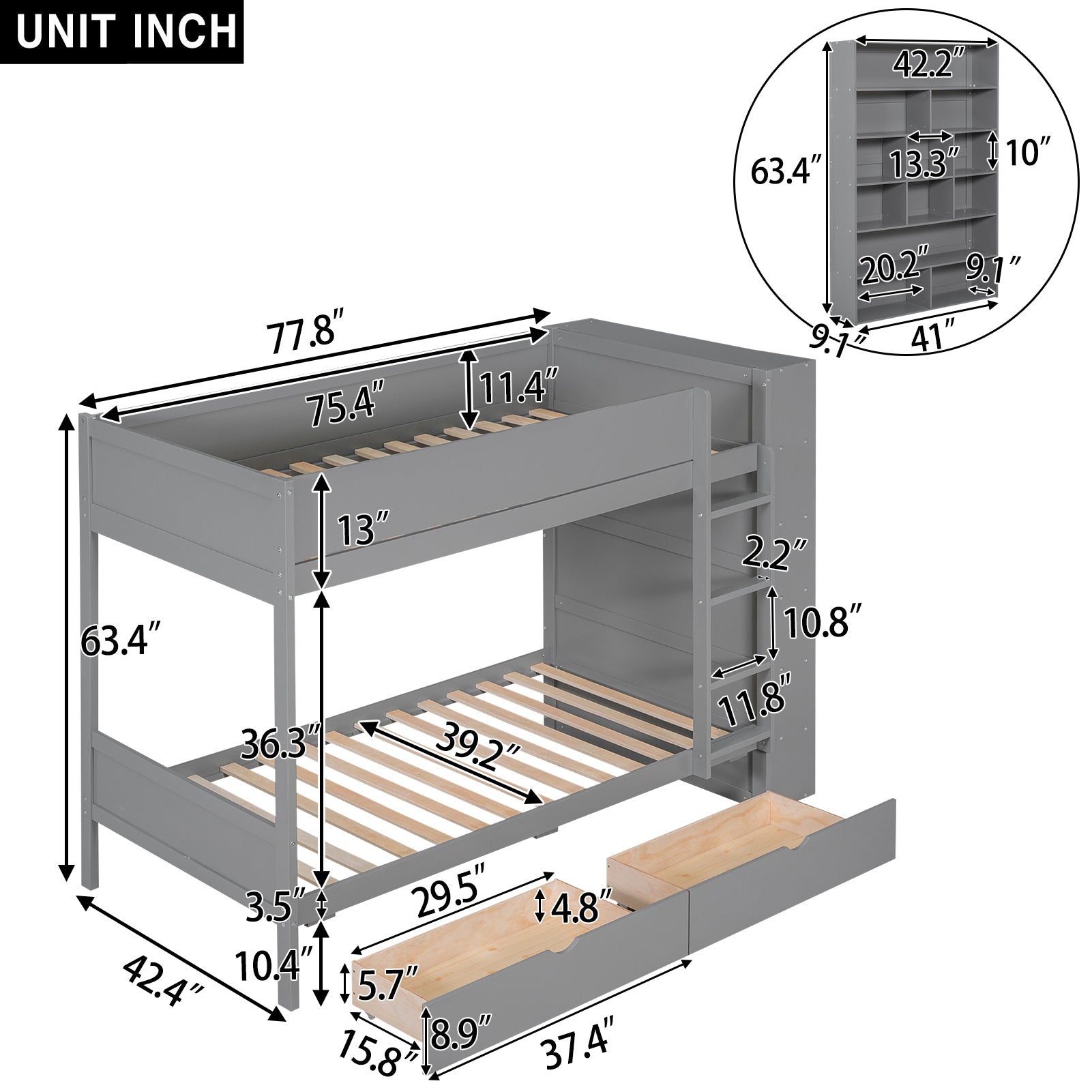 Twin Over Twin Bunk Bed With 2 Drawers And Multi Layer Cabinet, Gray Gray Solid Wood Mdf