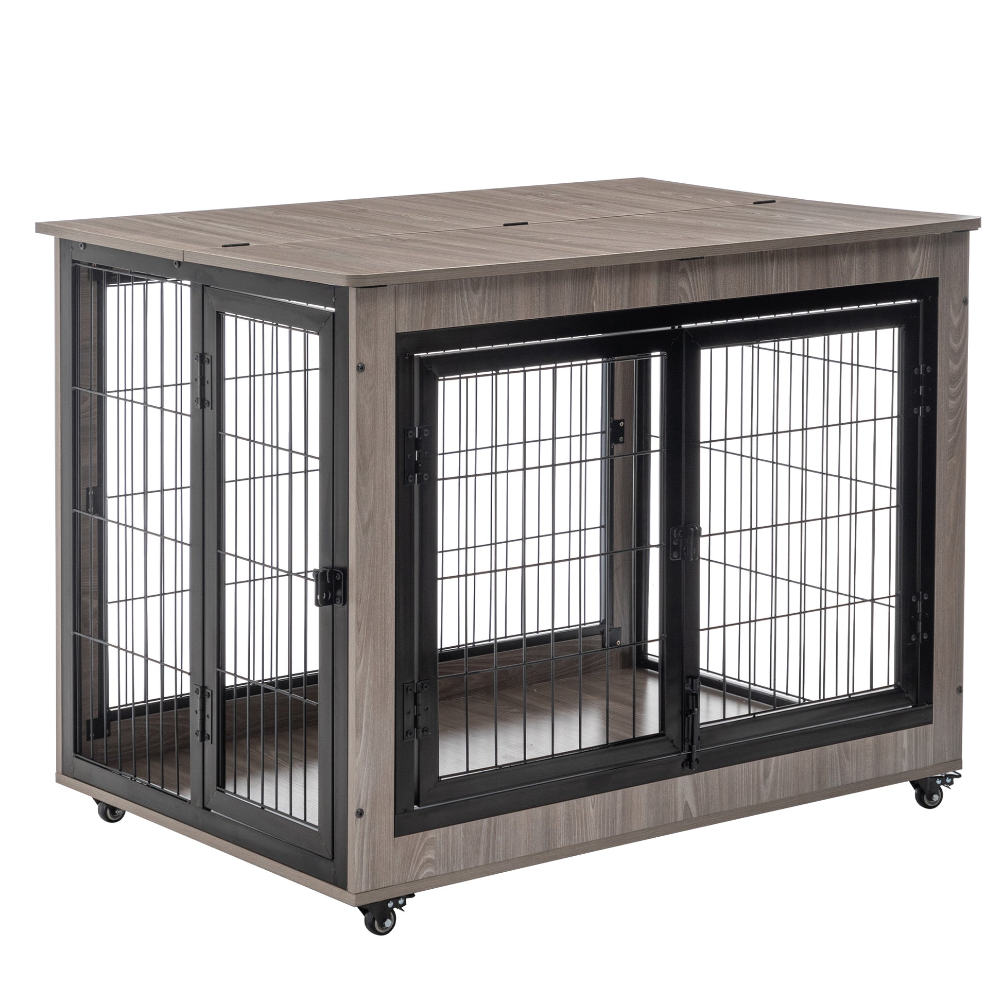 Dog Crate Furniture, Large Dog Kennel, 38"Wooden Pet Furniture With Pull Out Tray, Home And Indoor Use, Double Door Modern Side End Table For Medium Large Small Dog Grey Mdf Steel