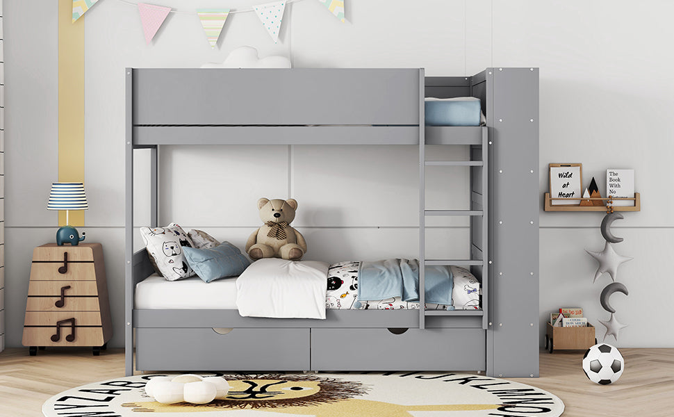 Twin Over Twin Bunk Bed With 2 Drawers And Multi Layer Cabinet, Gray Gray Solid Wood Mdf