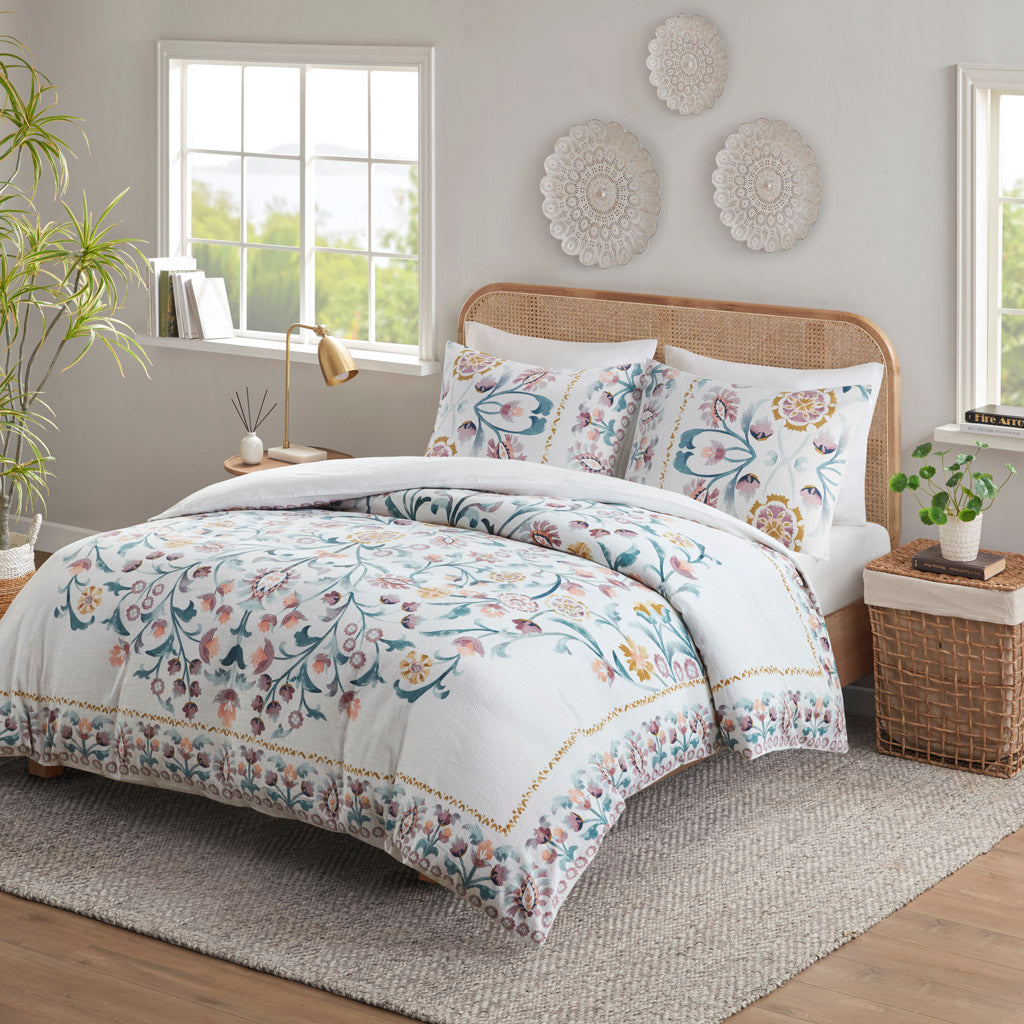 3 Piece Floral Duvet Cover Set White Multi Cotton