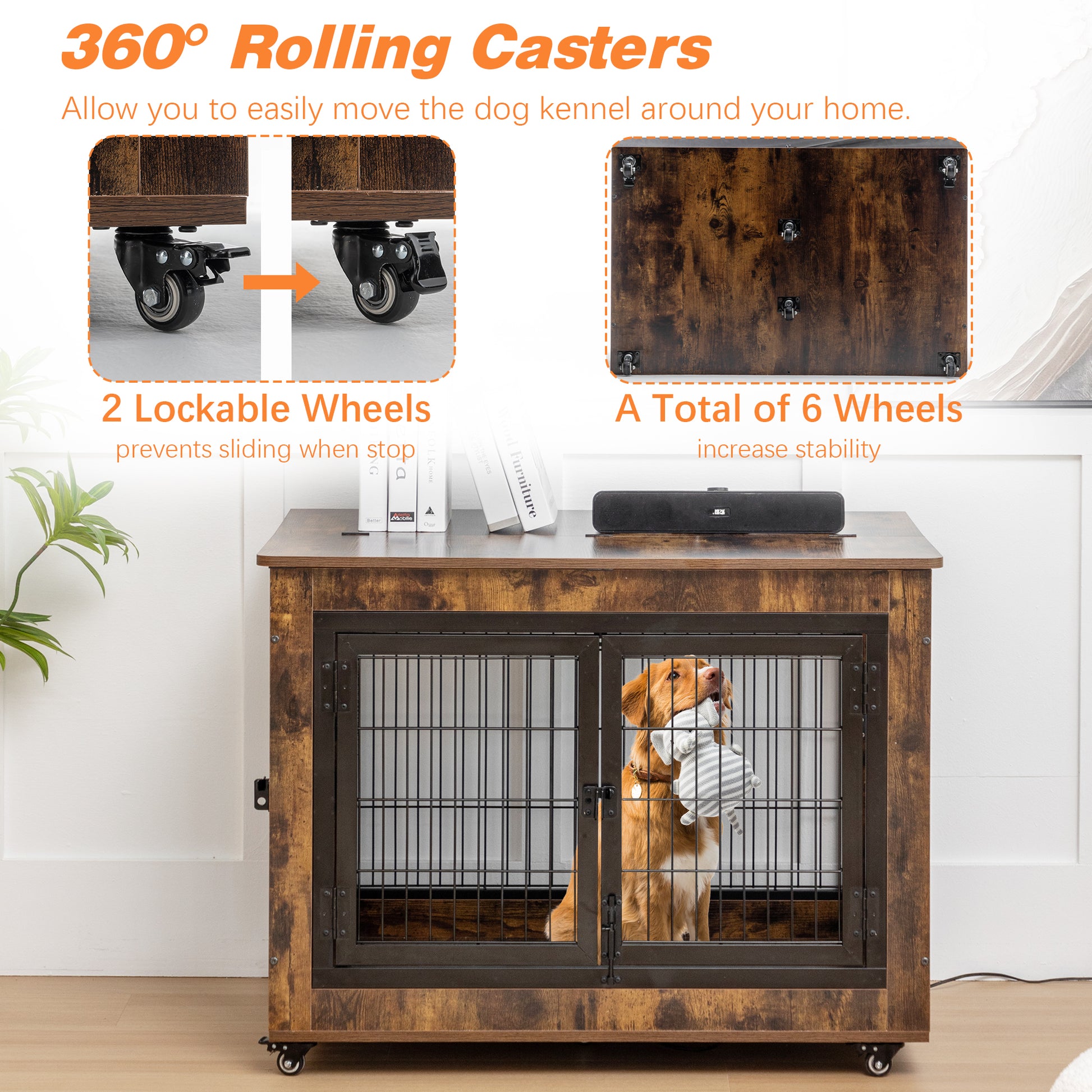 Dog Crate Furniture, Large Dog Kennel, 38"Wooden Pet Furniture With Pull Out Tray, Home And Indoor Use, Double Door Modern Side End Table For Medium Large Small Dog Brown Mdf Steel