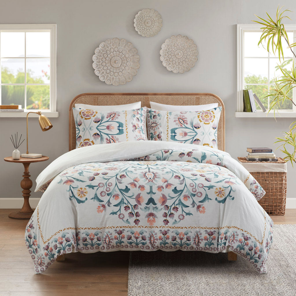 3 Piece Floral Duvet Cover Set White Multi Cotton