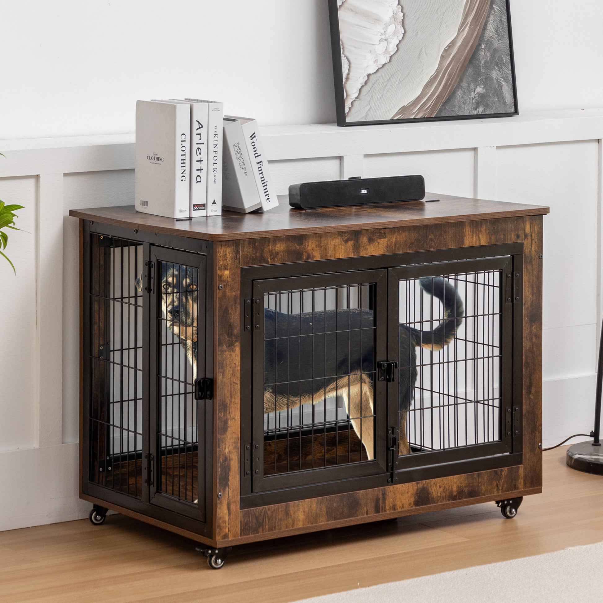 Dog Crate Furniture, Large Dog Kennel, 43"Wooden Pet Furniture With Pull Out Tray, Home And Indoor Use, Double Door Modern Side End Table For Medium Large Small Dog Brown Mdf Steel