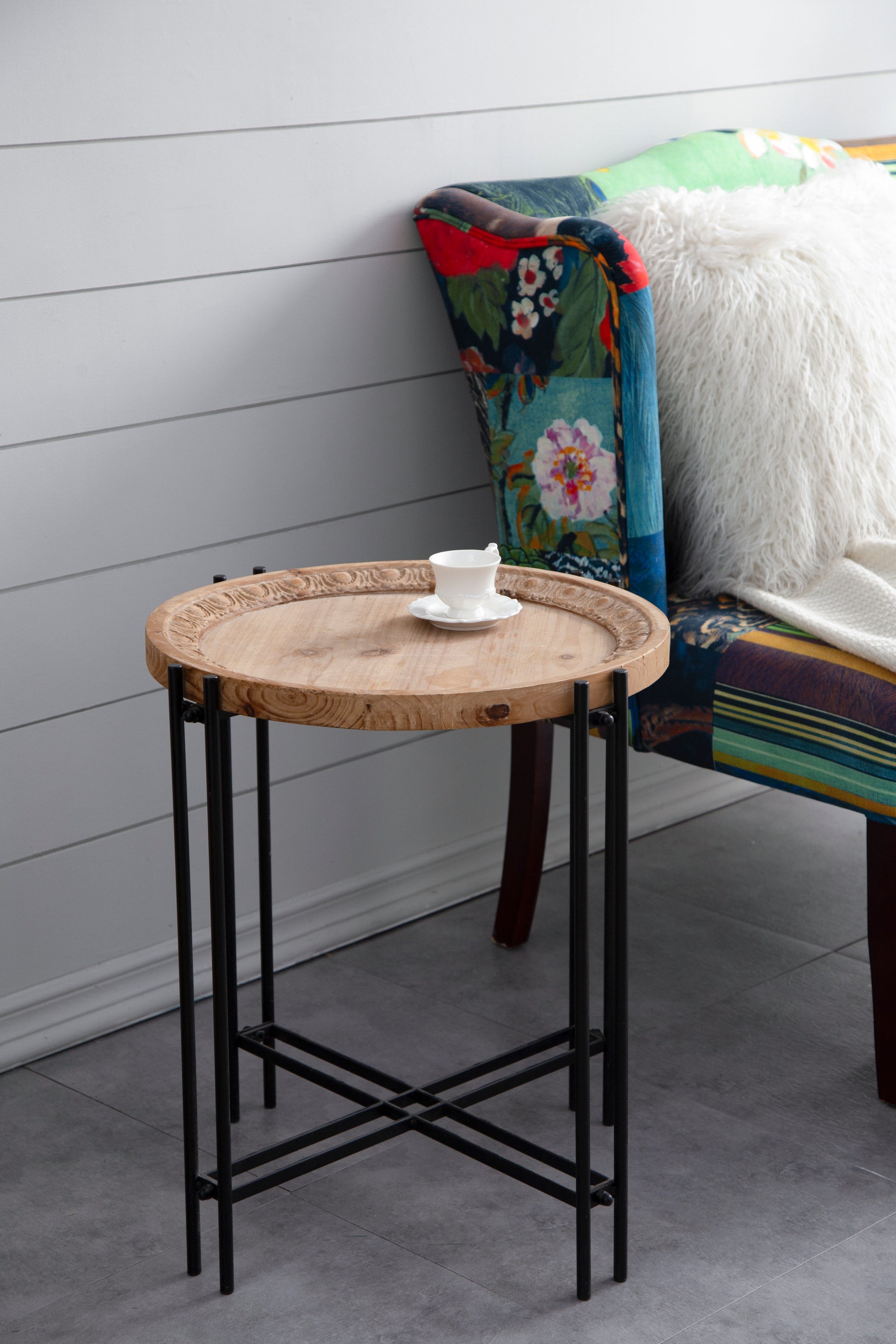 21.5" X 24" Round Side Table With Wood Top, End Table For Living Room Bedroom Black Brown Wood