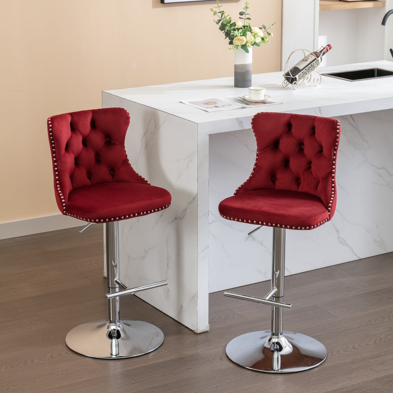 Swivel Velvet Barstools Adjusatble Seat Height From 25 33 Inch, Chrome Base Bar Stools With Backs Comfortable Tufted For Home Pub And Kitchen Island, Wine Red,Burdy,Set Of 2,1712Wr Burgundy Dining Room American Design Bar Stools Foam Velvet