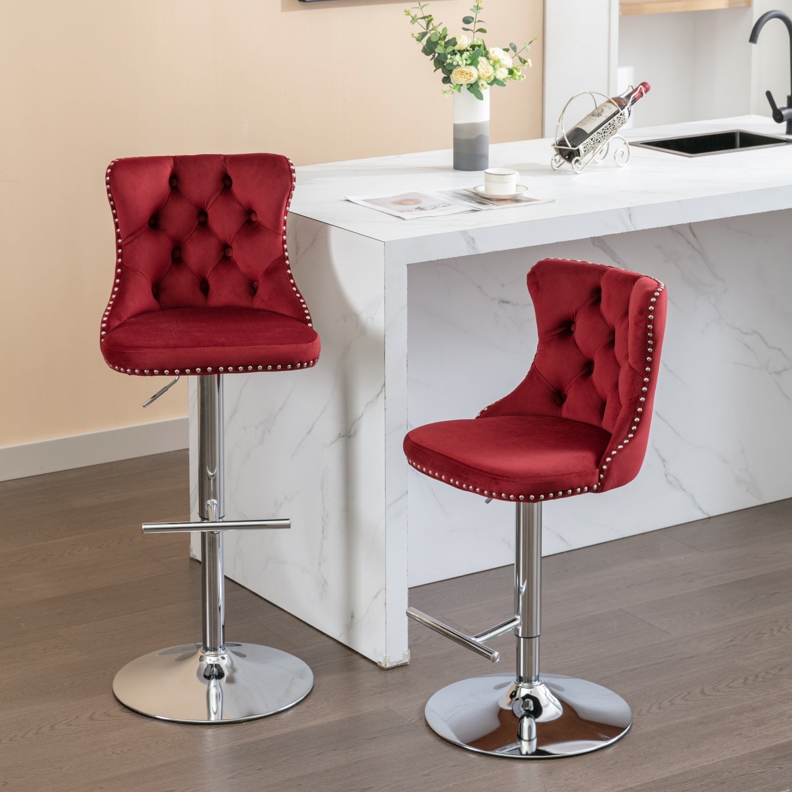 Swivel Velvet Barstools Adjusatble Seat Height From 25 33 Inch, Chrome Base Bar Stools With Backs Comfortable Tufted For Home Pub And Kitchen Island, Wine Red,Burdy,Set Of 2,1712Wr Burgundy Dining Room American Design Bar Stools Foam Velvet