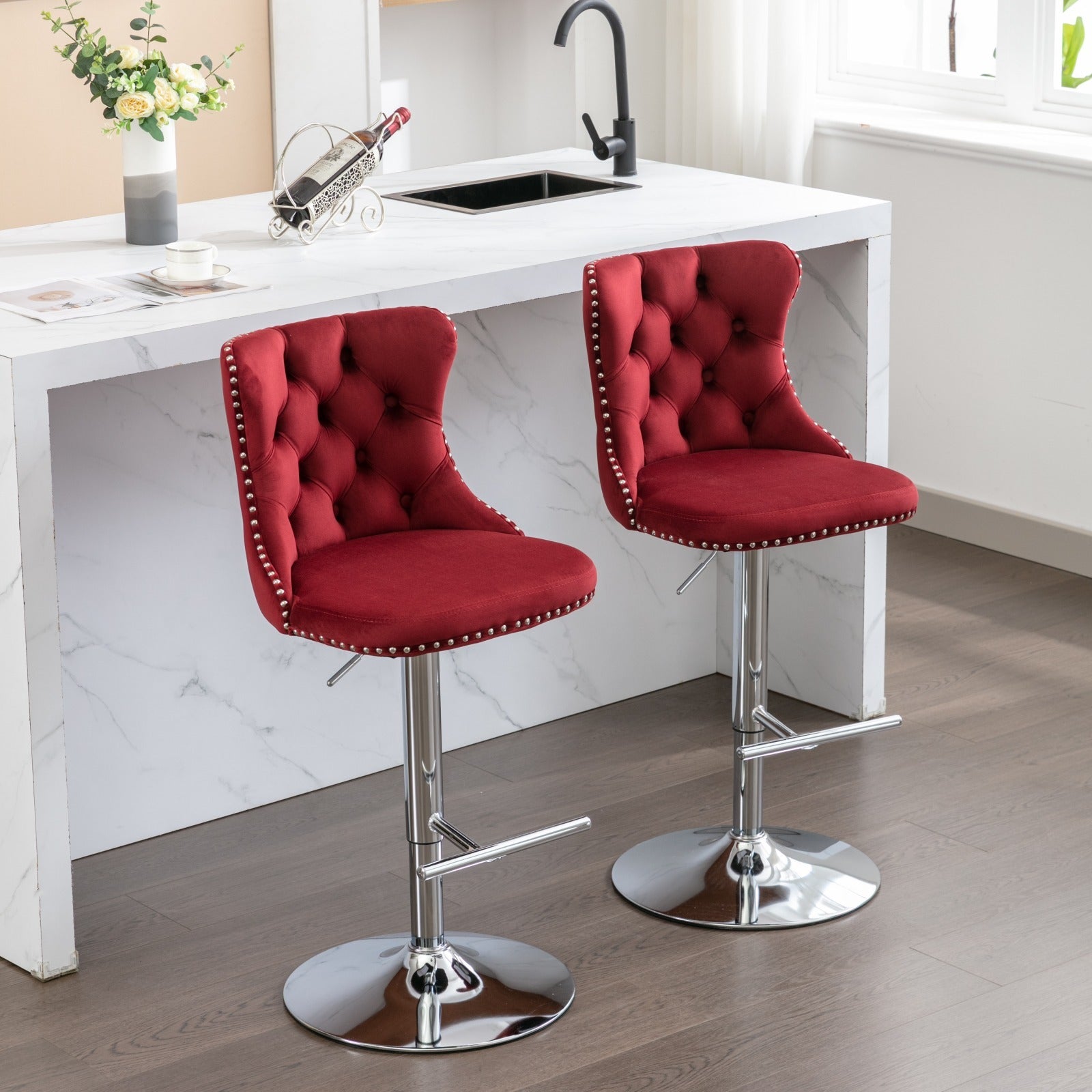 Swivel Velvet Barstools Adjusatble Seat Height From 25 33 Inch, Chrome Base Bar Stools With Backs Comfortable Tufted For Home Pub And Kitchen Island, Wine Red,Burdy,Set Of 2,1712Wr Burgundy Dining Room American Design Bar Stools Foam Velvet