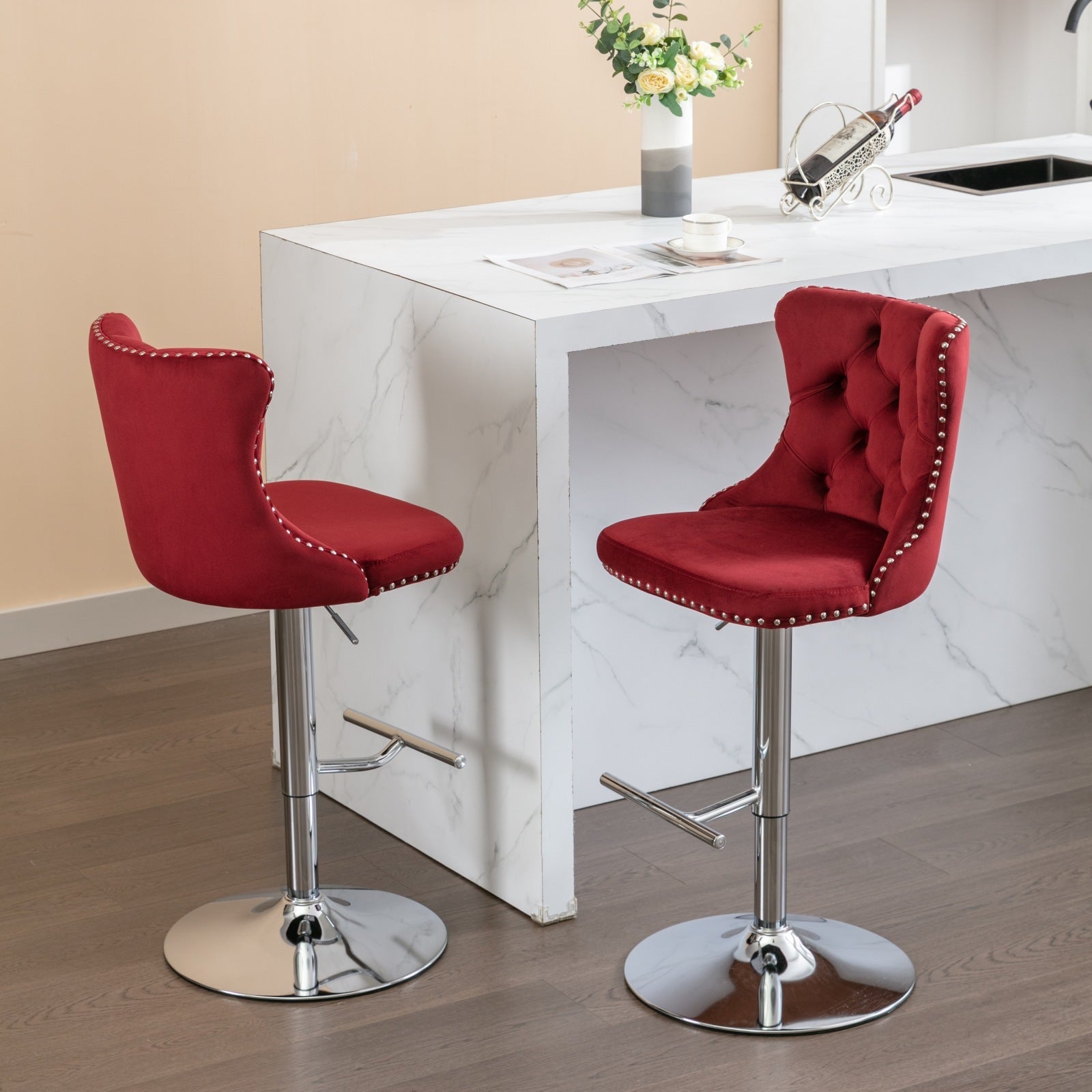 Swivel Velvet Barstools Adjusatble Seat Height From 25 33 Inch, Chrome Base Bar Stools With Backs Comfortable Tufted For Home Pub And Kitchen Island, Wine Red,Burdy,Set Of 2,1712Wr Burgundy Dining Room American Design Bar Stools Foam Velvet