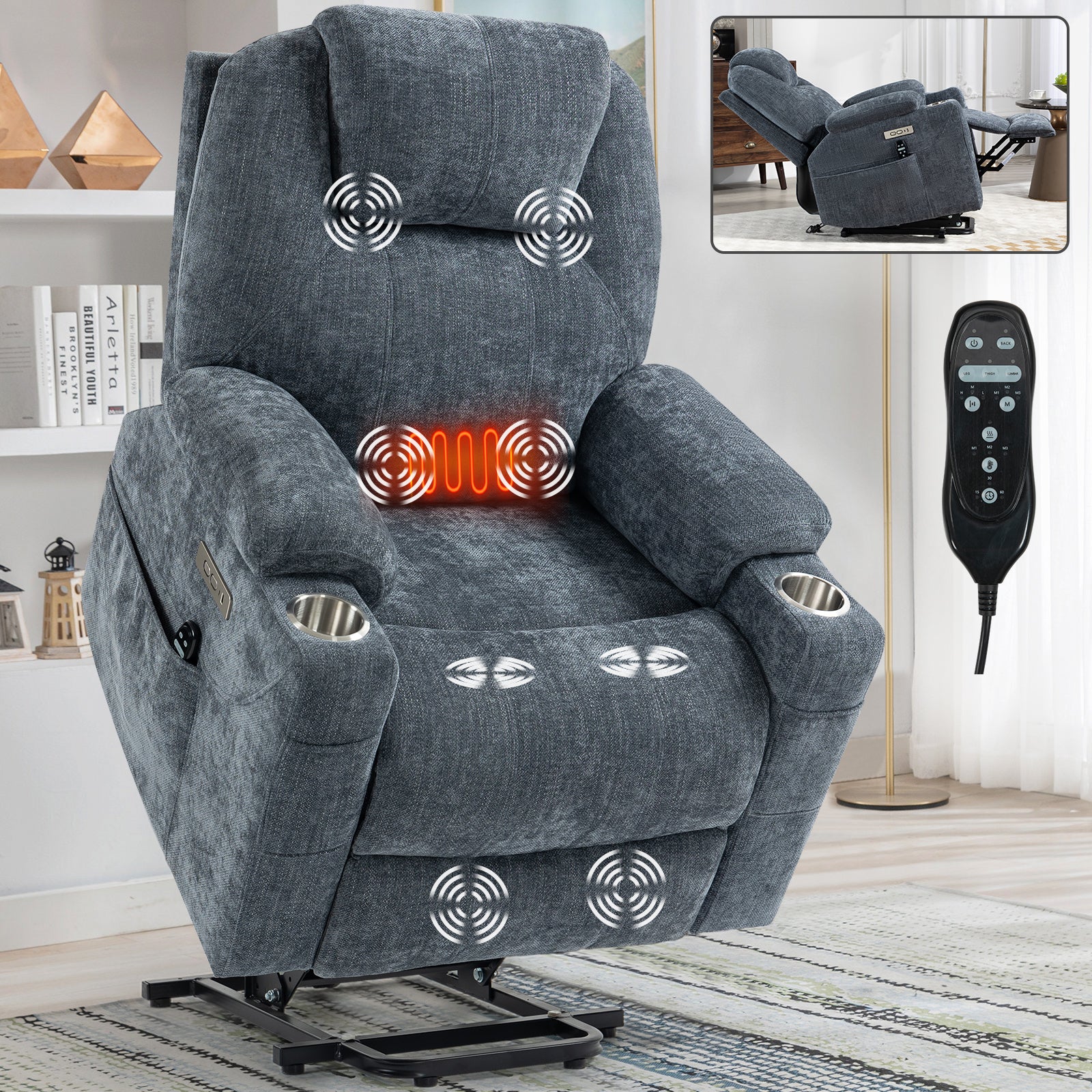 Up To 350 Lbs Chenille Power Lift Recliner Chair, Heavy Duty Motion Mechanism With 8 Point Vibration Massage And Lumbar Heating, Usb And Type C Ports, Stainless Steel Cup Holders, Blue White Metal Primary Living Space Heavy Duty Pine Blue Gray Chenille