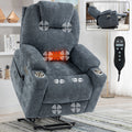 Up To 350 Lbs Chenille Power Lift Recliner Chair, Heavy Duty Motion Mechanism With 8 Point Vibration Massage And Lumbar Heating, Usb And Type C Ports, Stainless Steel Cup Holders, Blue White Metal Primary Living Space Heavy Duty Pine Blue Gray Chenille