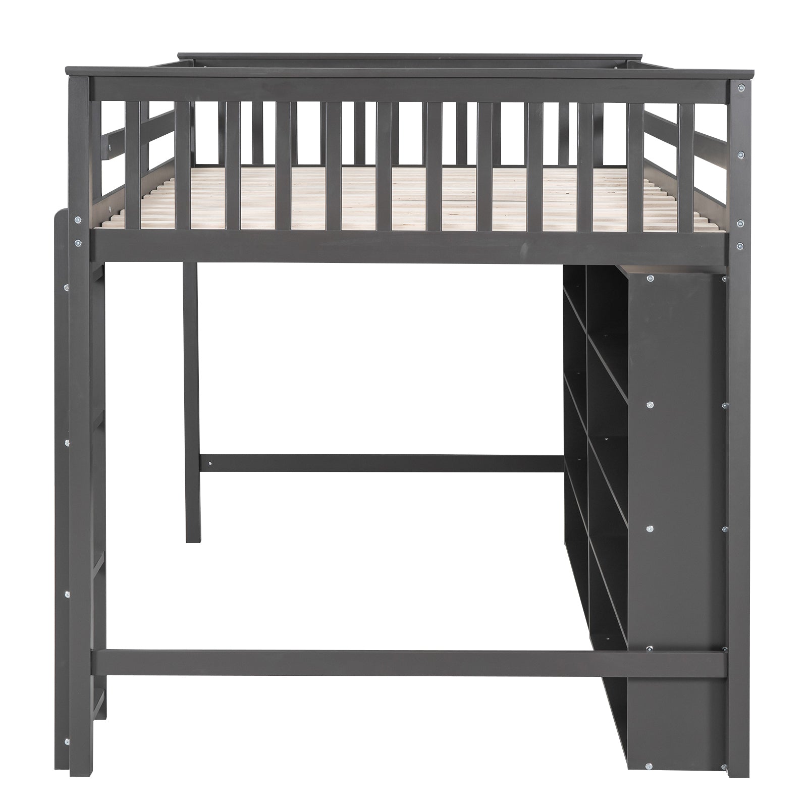 Full Size Loft Bed With 8 Open Storage Shelves And Built In Ladder, Gray Gray Solid Wood Mdf