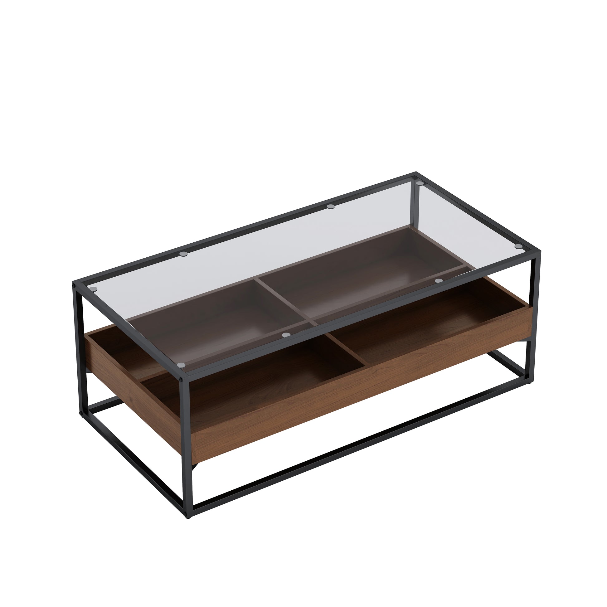 47.24"Rectangle Glass Coffee Table With Storage Shelf And Metal Table Legshome Furniture For Living Room Black Mdf Glass