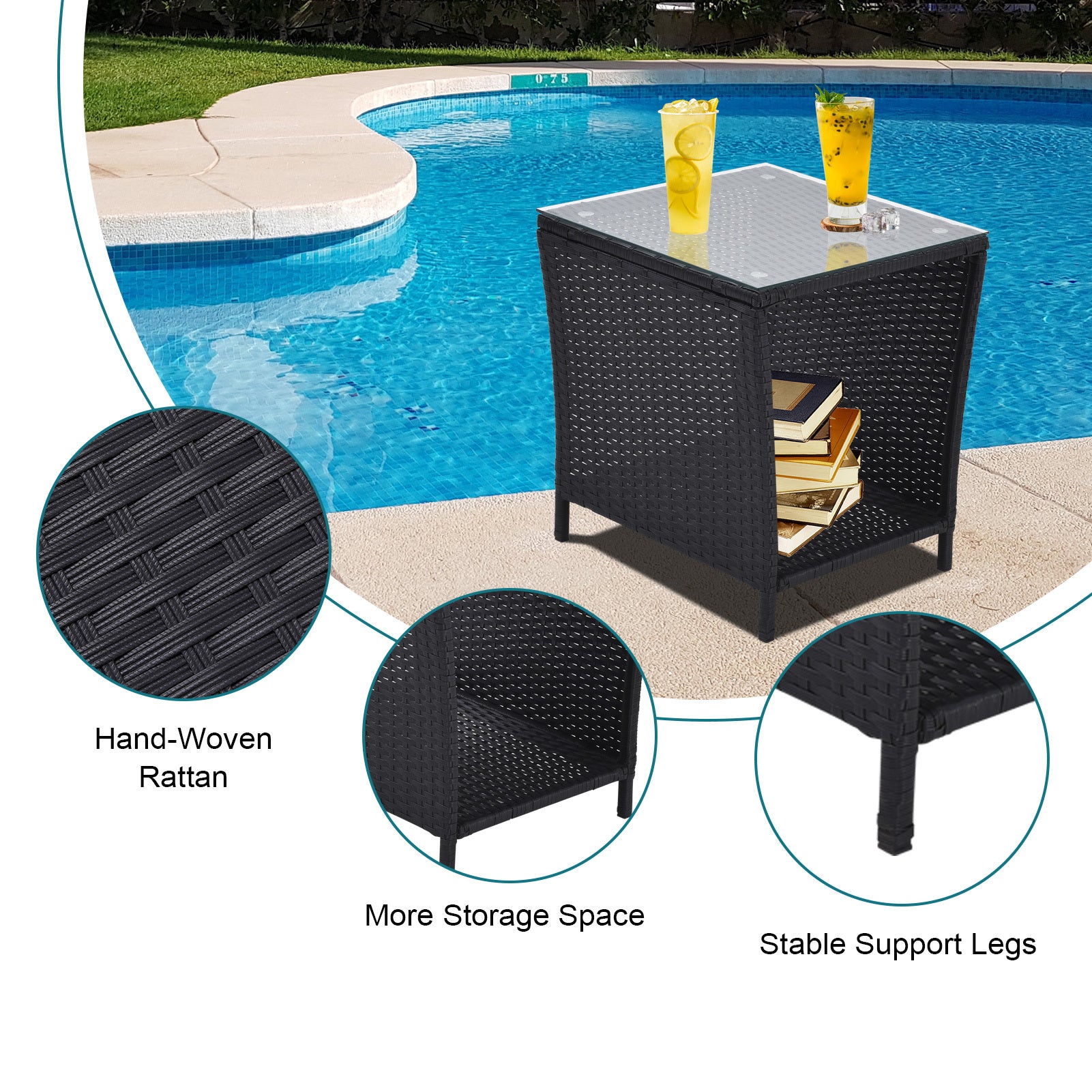 Outdoor Side Coffee Table with Storage Shelf,All black-weather resistant frame-garden &