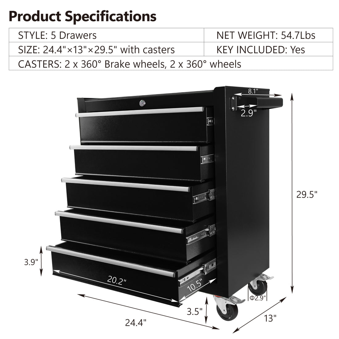 5 Drawers Rolling Tool Chest Cabinet With Wheels, Tool Storage Cabinet And Tool Box Organizer For Garage Warehouse Workshop, Black Black Steel