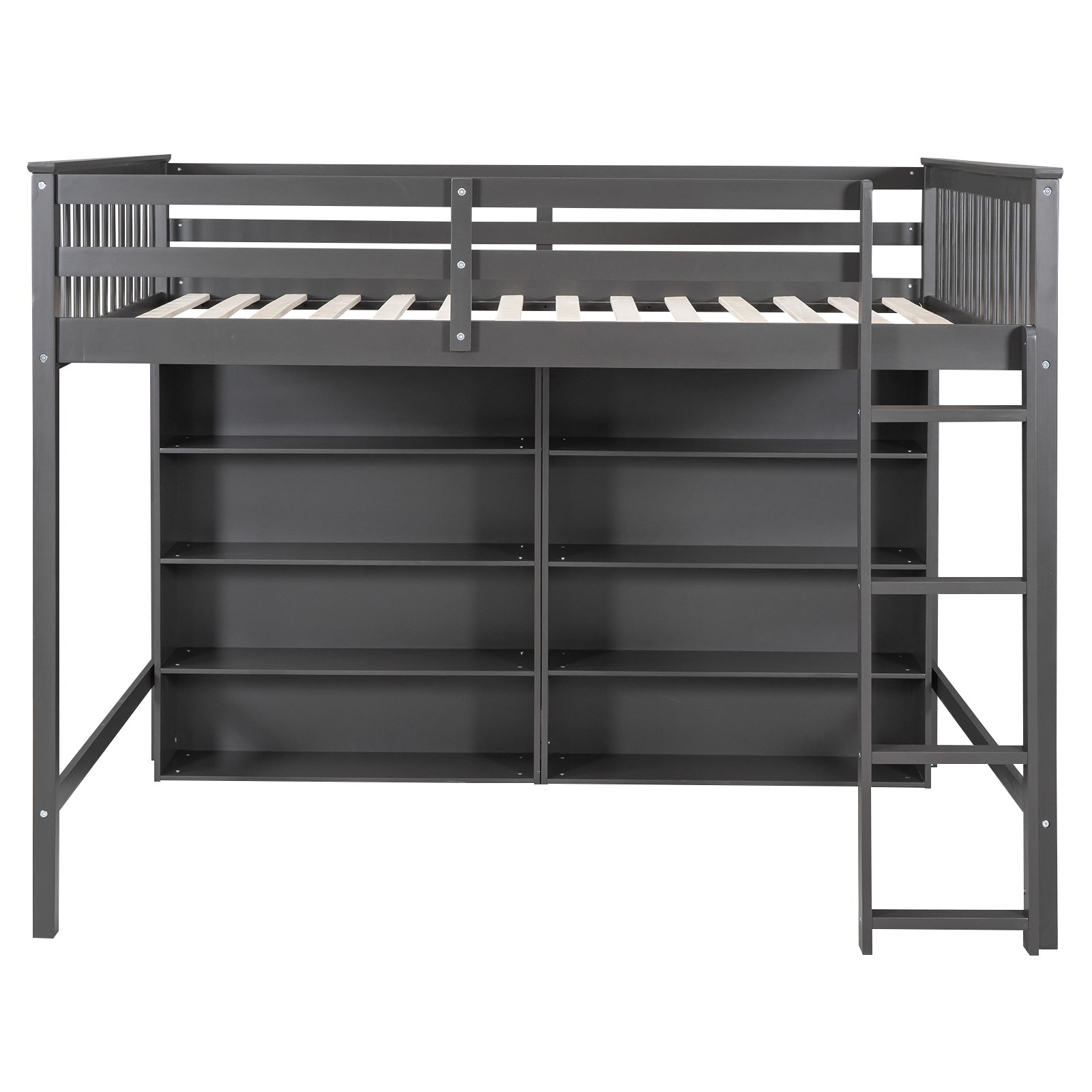 Full Size Loft Bed With 8 Open Storage Shelves And Built In Ladder, Gray Gray Solid Wood Mdf