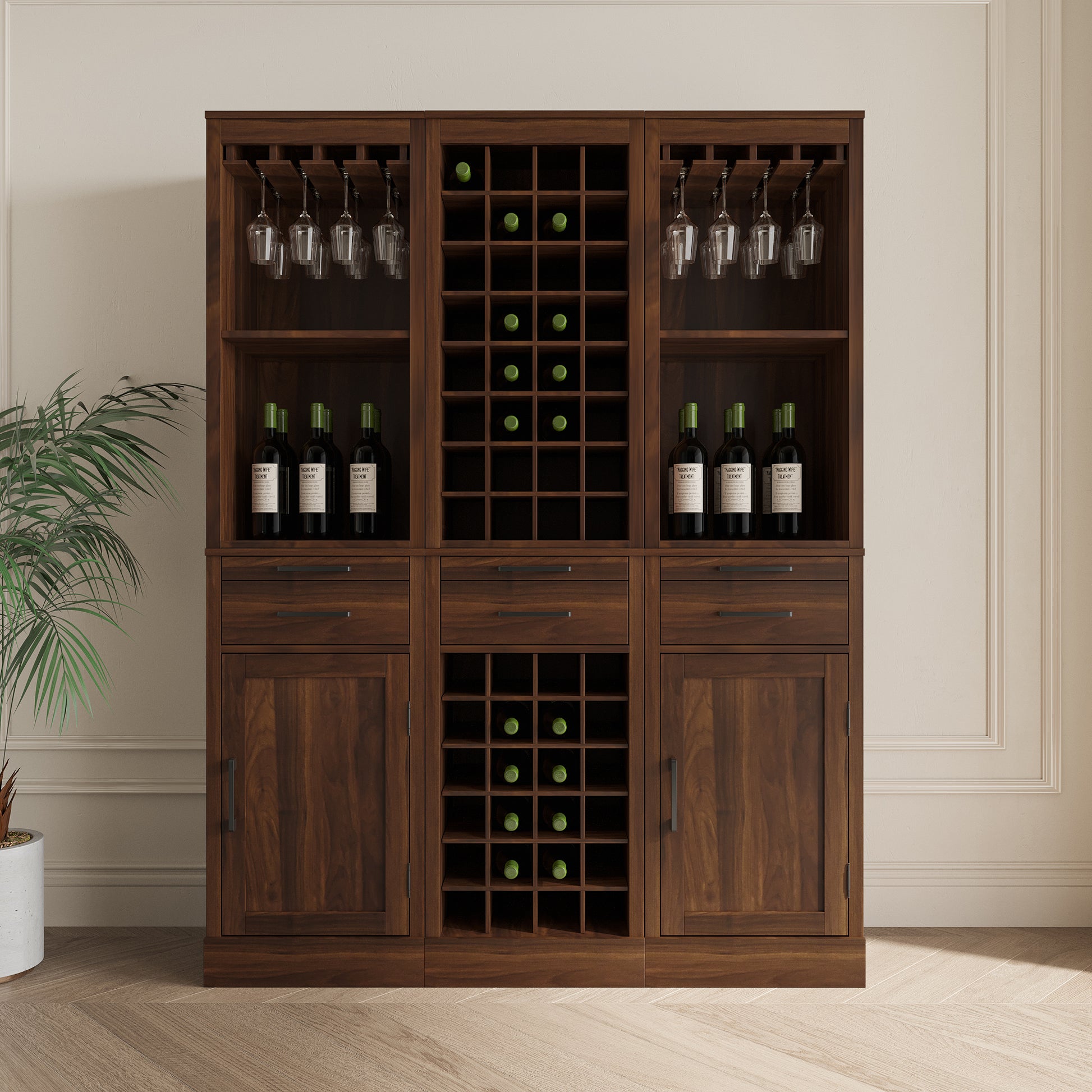 Brown walnut color modular wine bar Cabinet with walnut brown-mdf