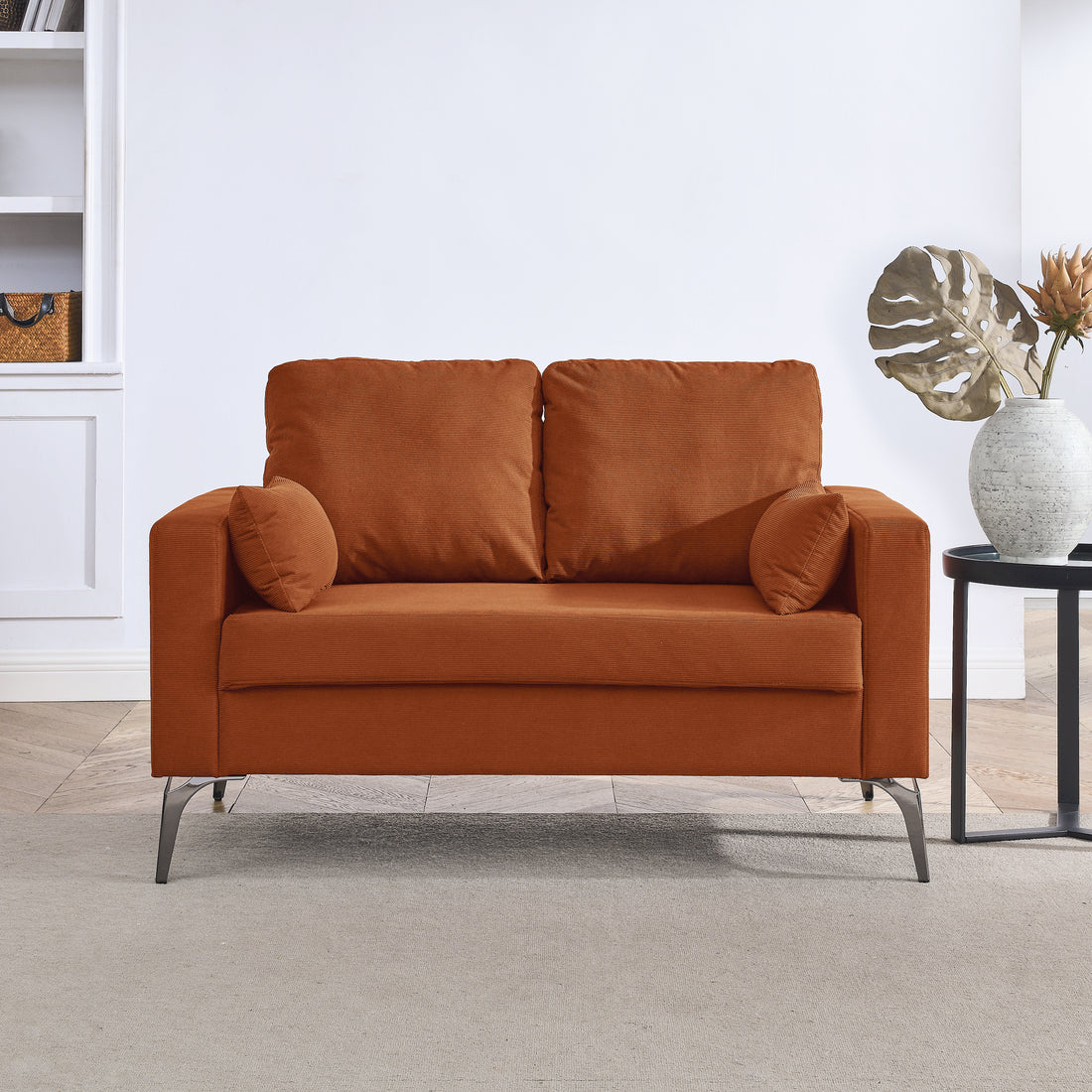 Loveseat Living Room Sofa,With Square Arms And Tight Back, With Two Small Pillows,Corduroy Orange Orange Foam